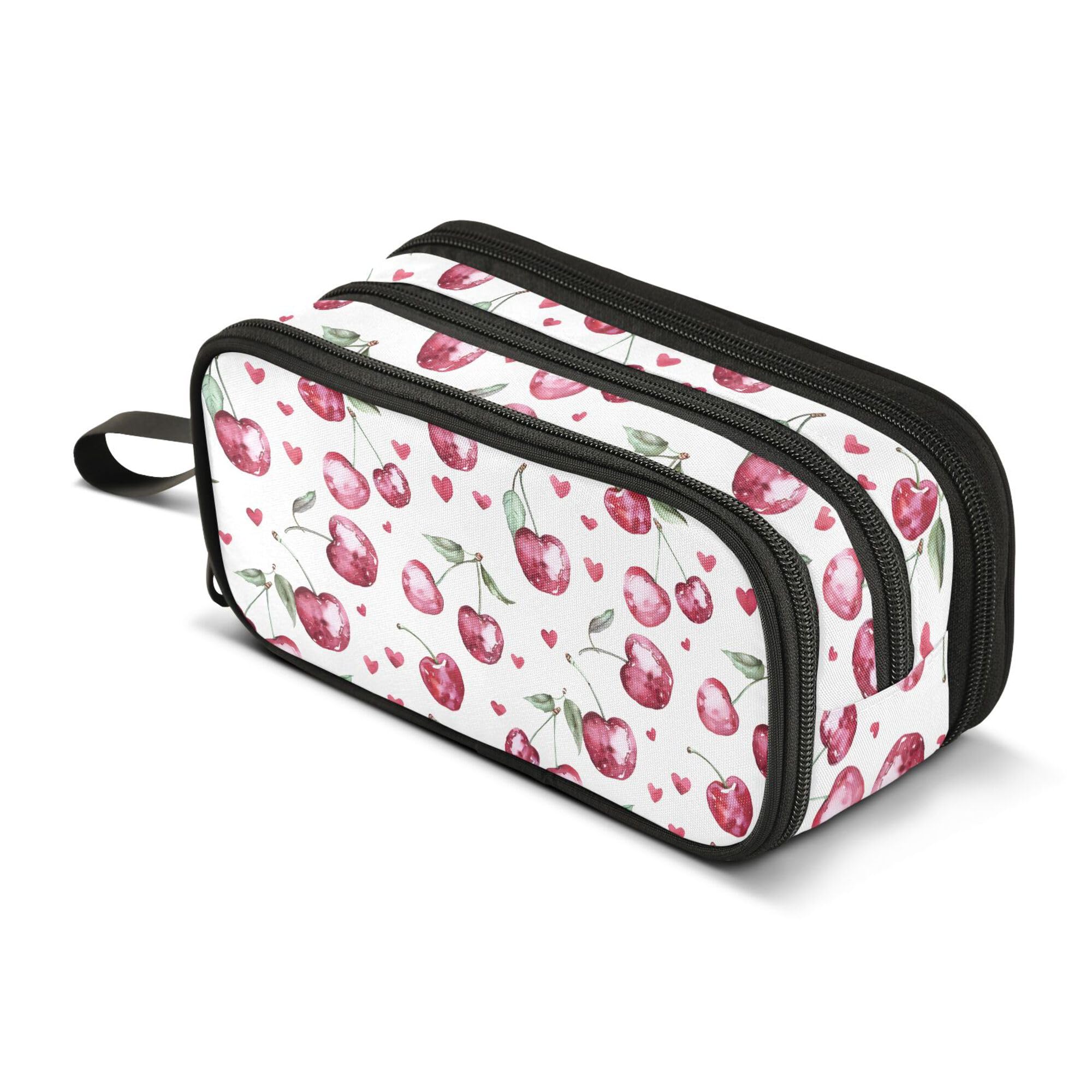 Large Pencil Case, Big Capacity Pencil Bag Pen Pouch Holder 3 Compartments, Cherries and Heart School Office Supplies Stationery Makeup Bag Storage Organizer for Students Girls Boys Women Men