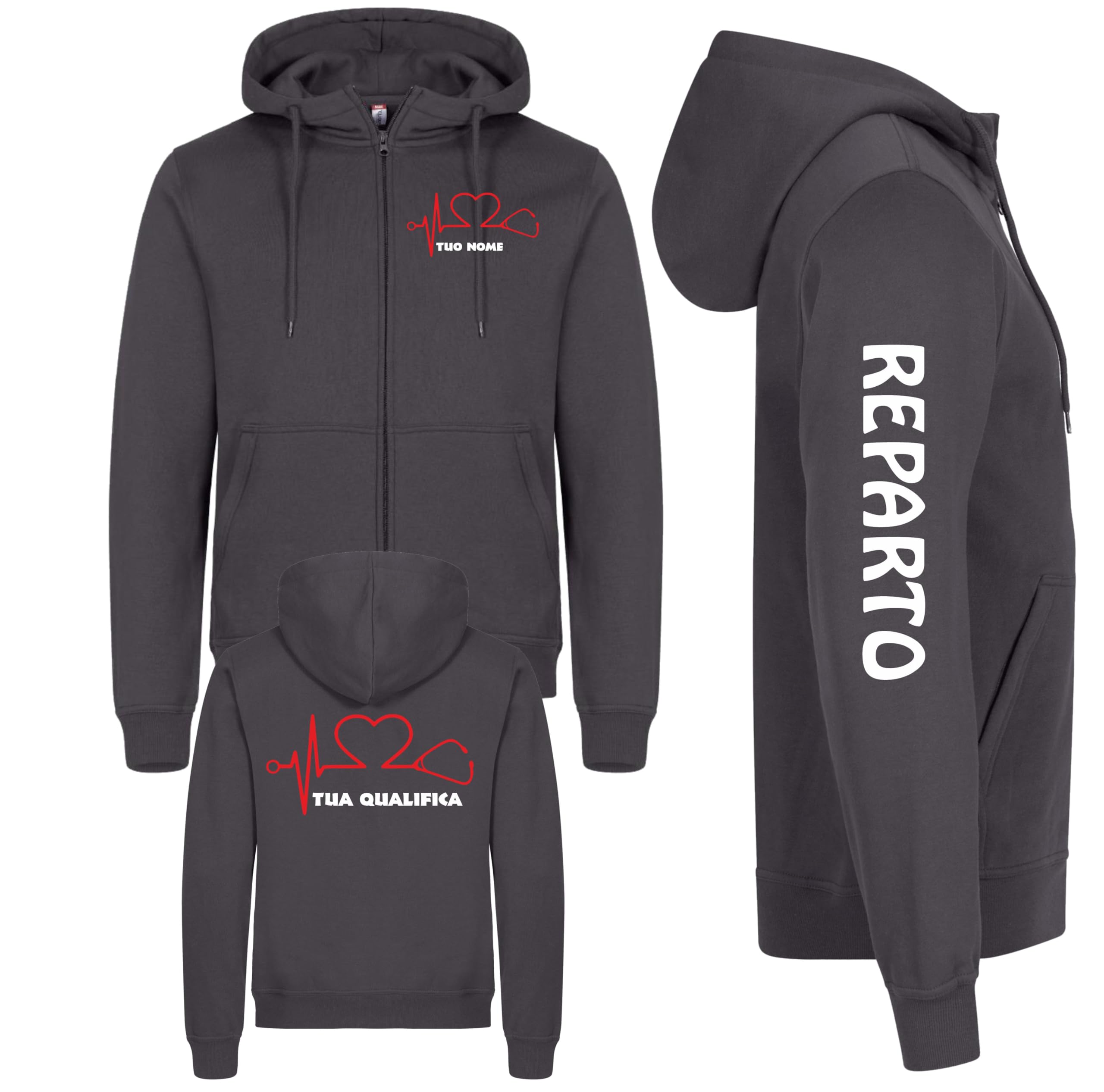 Felpa Unisex Personalizzabile Infermiera Dottoressa Dottore Infermiere Oss Stetoscopio Cuore | Felpa 260 gr Leggera Con Cappuccio e Zip Lunga | Personalizzabile Con Nome Qualifica e Reparto PS 46617