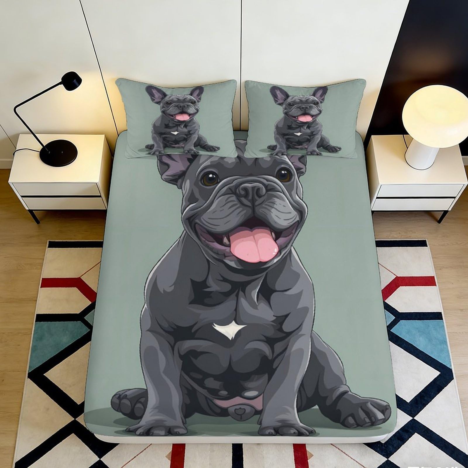 3D Printed French Bulldog Pattern Fitted Sheet Microfiber Soft Durable Cartoon Dog Mattress Cover for Bedroom Dormitory Guest Room Protection 180x200x25cm