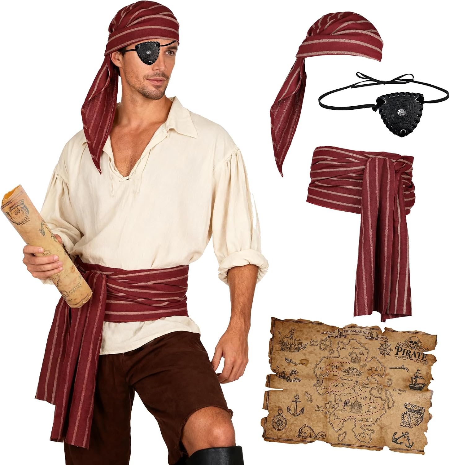 EpicCos Pirate Costume Accessories, Red Head Scarf Leather Eye Patch Treasure Map Sash Belt for Halloween, Ren Faire Cosplay