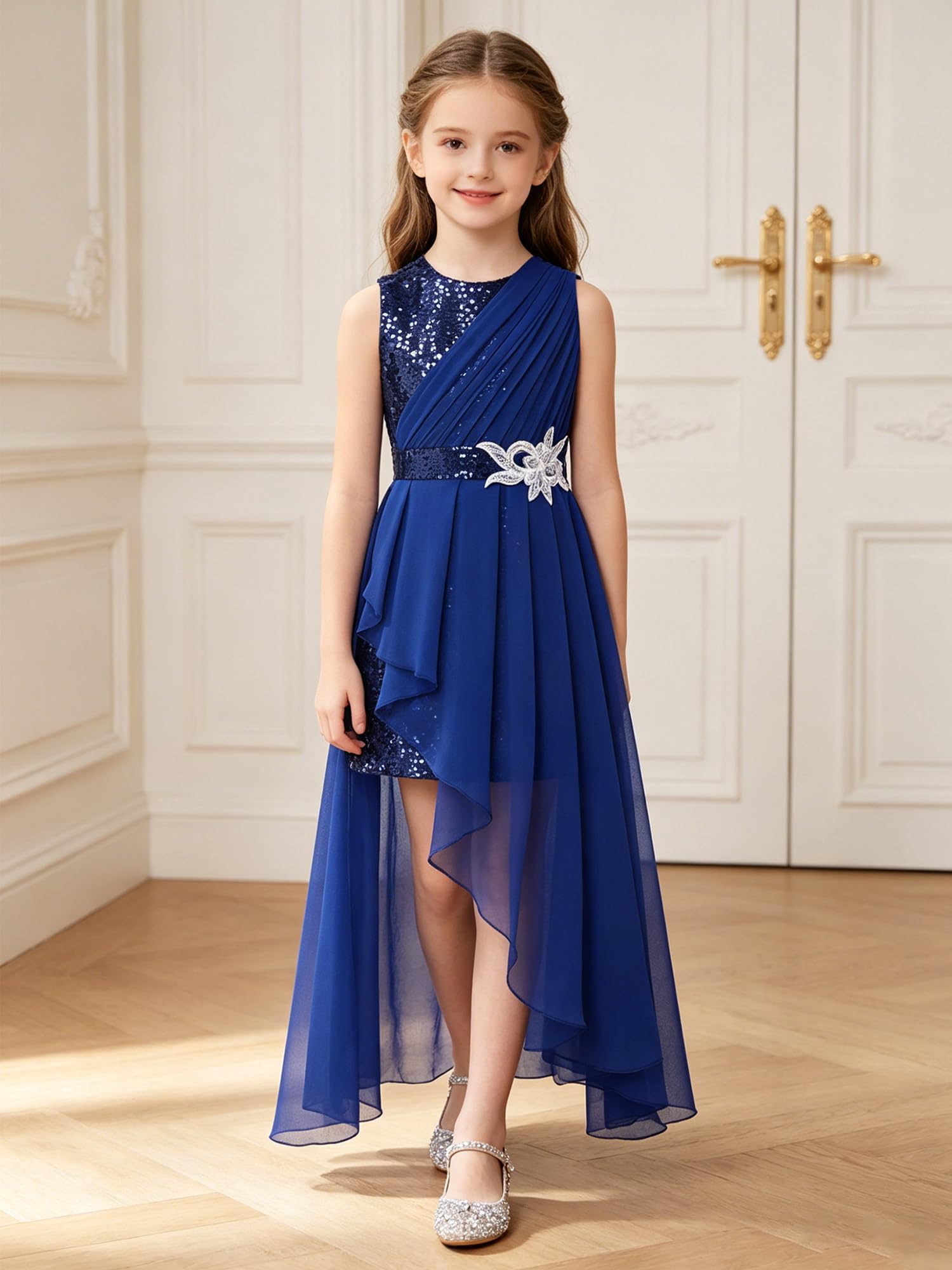 Freebily Mädchen Unregelmäßig Glitzer Robe Luftig Festliche Mädchenkleider Einschulungskleid Kinderkinder Sommer Mit Blumen Einschulung