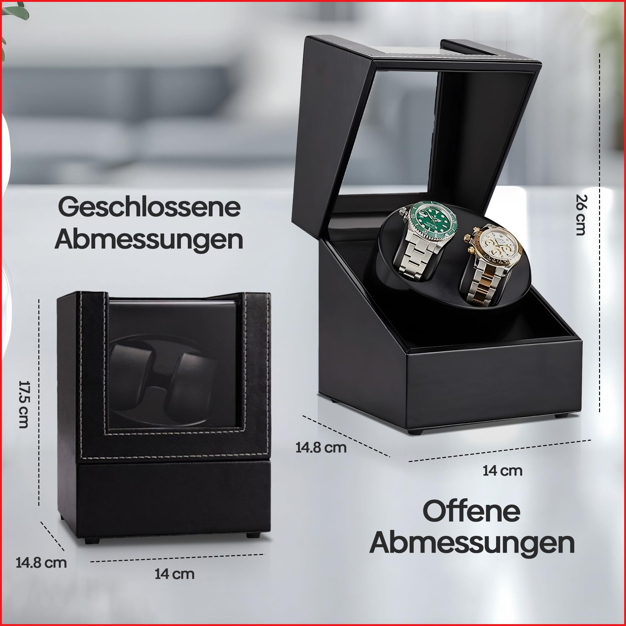 Olvy Uhrenbeweger Automatikuhren 2 Uhren Lederbox Leise | 2 Stück | Schwarzes Leder | Pärchen Uhren Halter | Verstellbare Kissen | Mechanische Uhrenbox