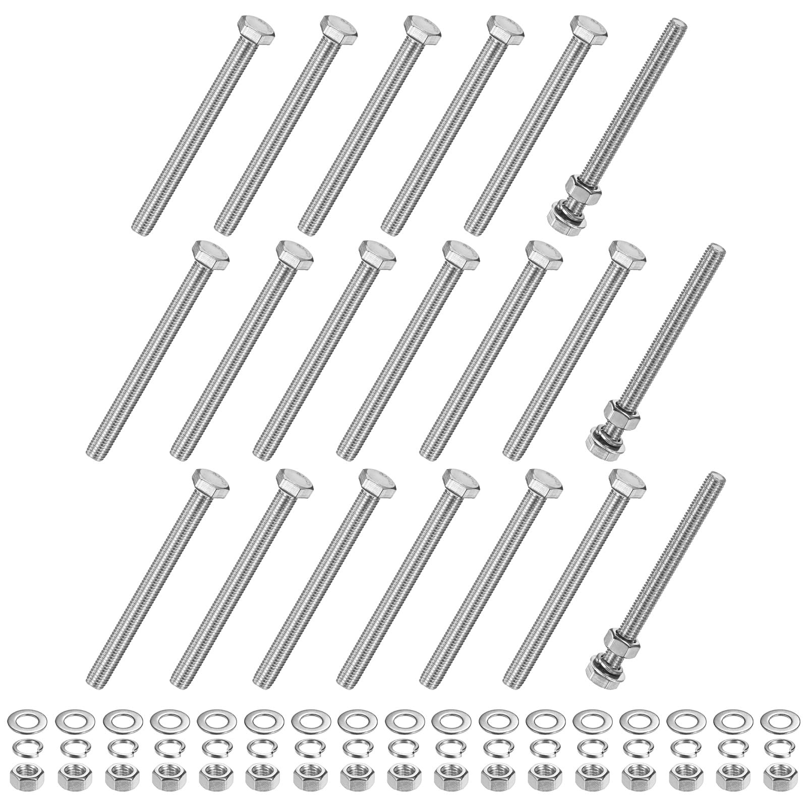 M METERXITY 20-Pack Hex Head Screw Bolt with Nuts Flat & Lock Washers M10x120mm Stainless Steel Bolts and Nuts Kit Fully Threaded Metric Bolt Assortment for Equipment/Machinery