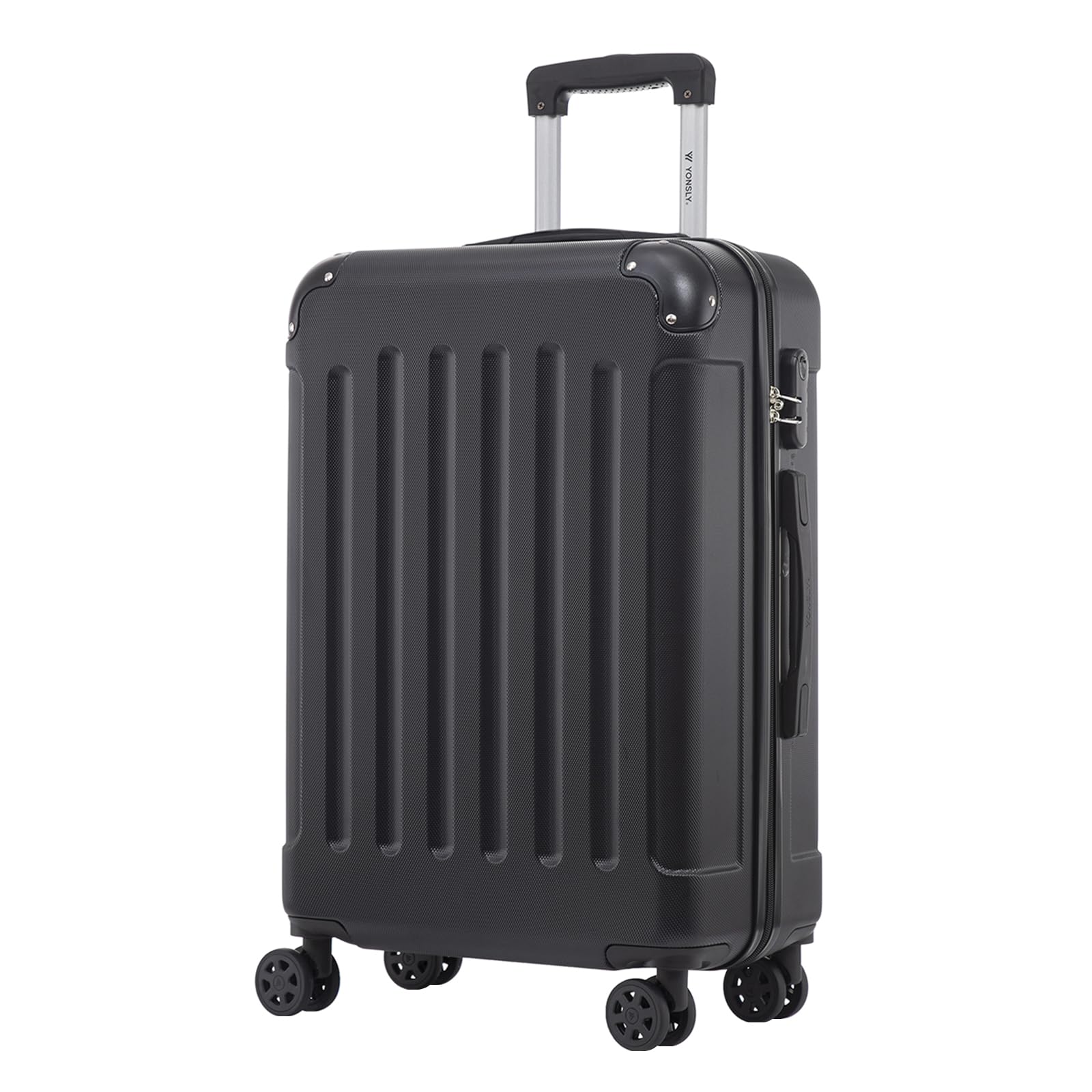 YONSLY Trolley Koffer Suitcase, Reisekoffer, Rollkoffer Handgepäck, Hartschalenreisekoffer mit 4 Rollen 360°, Zahlenschloss, Weicher Gummigriff für Reisen, Camping (L, Schwarz)
