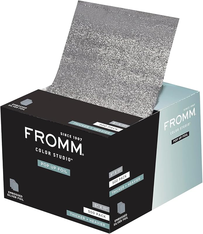 Fromm Láminas para el cabello desplegables, láminas plateadas, suministros de cosmetología, elementos esenciales para peluqueros, ligeras, ideales para resaltar y colorear, precortadas, 5 x 11 pulgadas, 500 hojas de lámina