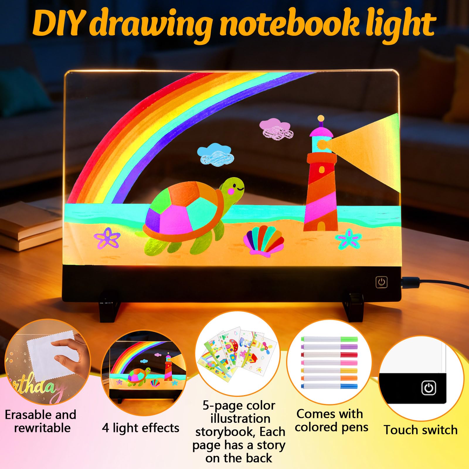 TXErfolg Lavagna da disegno a LED per bambini con 4 effetti di luce, 35 x 26 cm, lavagna acrilica luminosa, lavagna magica a LED con penna a 7 colori, lavagna ricaricabile per messaggi, per ufficio