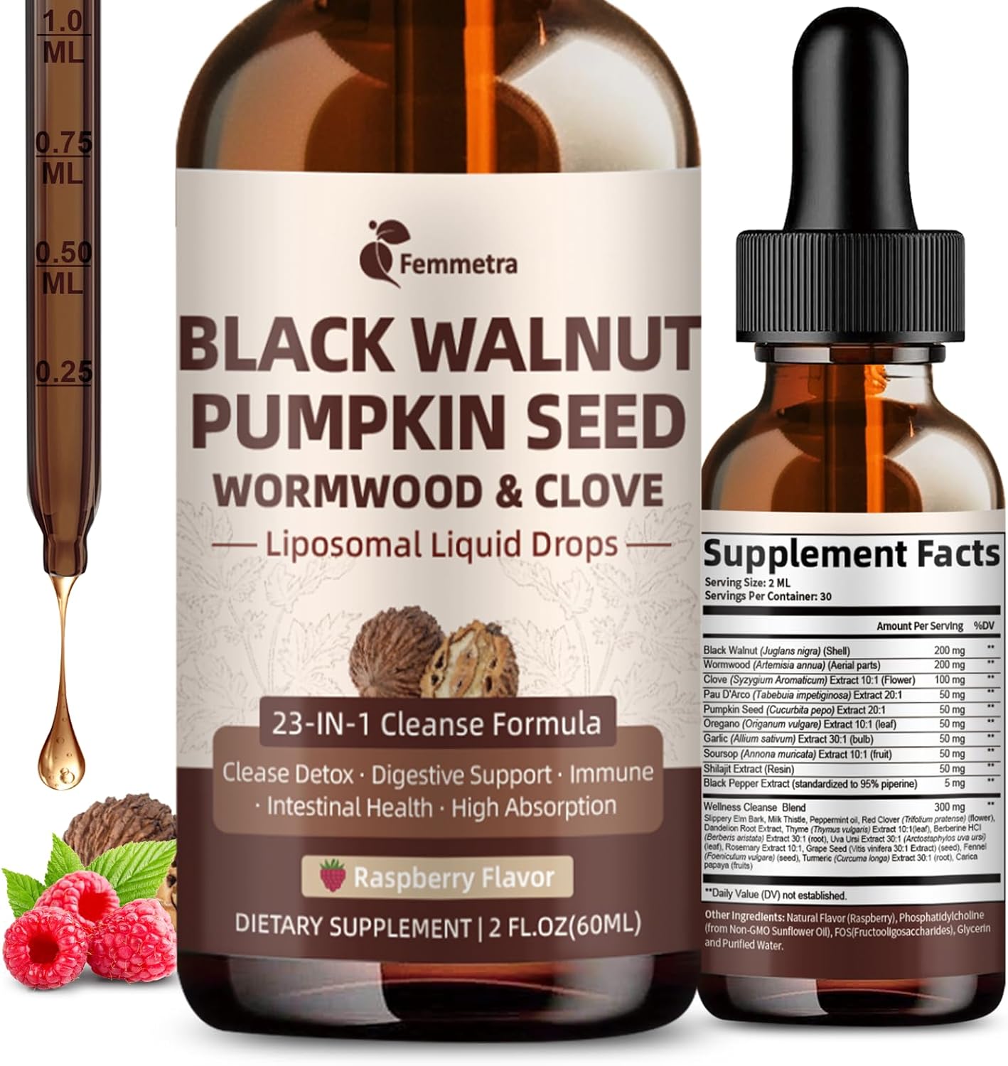 Product image of Black Walnut Wormwood Clove Cleanse for Humans Drops, 23-in-1 Gut Health Support Supplement with Pumpkin Seed, PAU D'Arco, Oil of Oregano etc for Elimination Detox, Non-GMO, Raspberry Flavor, 2 FLOZ