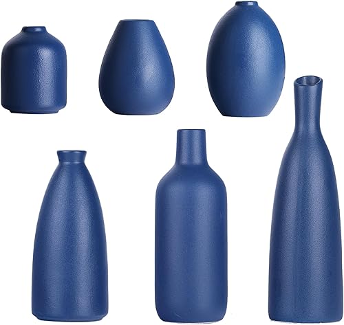 Juego de 6 jarrones de cerámica azul marino mate a granel, decoración minimalista moderna para decoración del hogar, jarrón de arcilla, jarrón