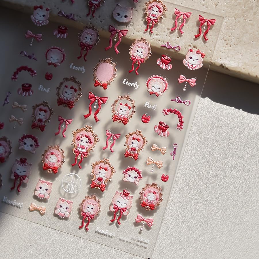 Image of Cat Nail Stickers Pink Bow Nail Decals Retro Portrait Self-Adhesive Nail Art Decals Cute Style 5D Embossed Self Adhesive Manicure Decorations for Women Manicure Salon DIY Design