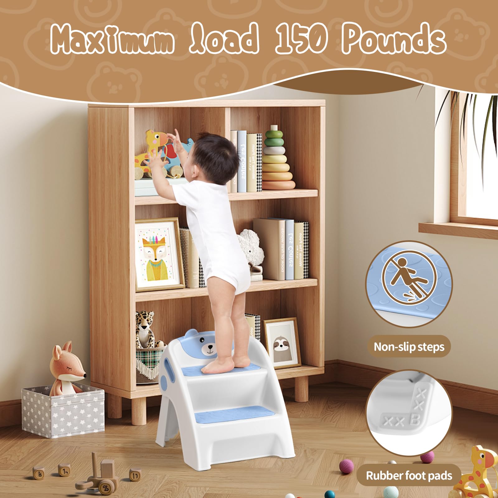 Nookty - Taburete plegable de 2 escalones con diseño de oso lindo para niños pequeños para fregadero de baño y entrenamiento de orinal, taburete antideslizante de doble altura, portátil y fácil de