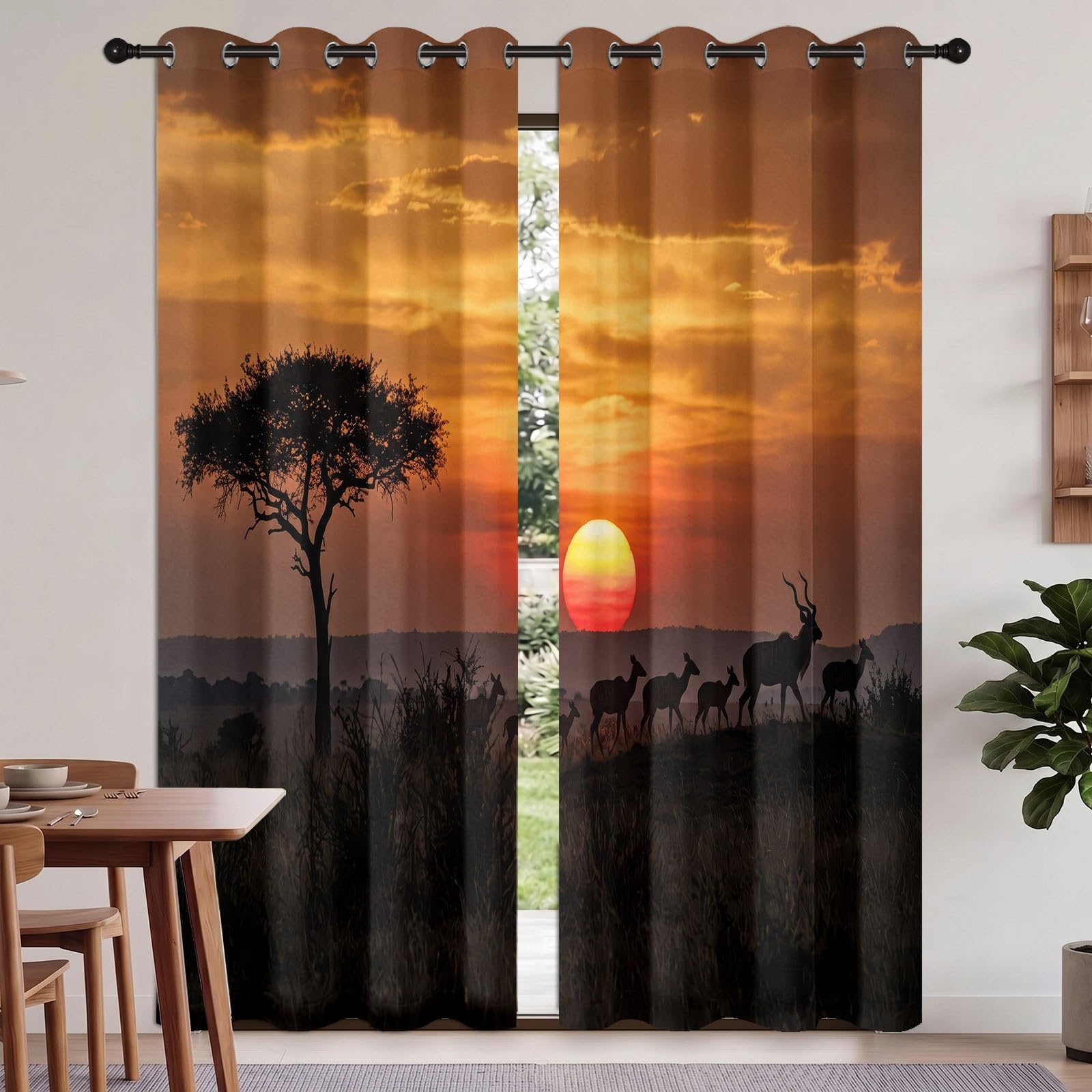 Naturlandschaft Verdunkelungsvorhänge, H245 x B100 cm Grasland Bäume Sonnenuntergang Wildtiere Antilopen Wolken Vorhänge Ösen 2er Set Schlafzimmer, Gelb Raumverdunkelung Fenstervorhänge für Wohnzimmer