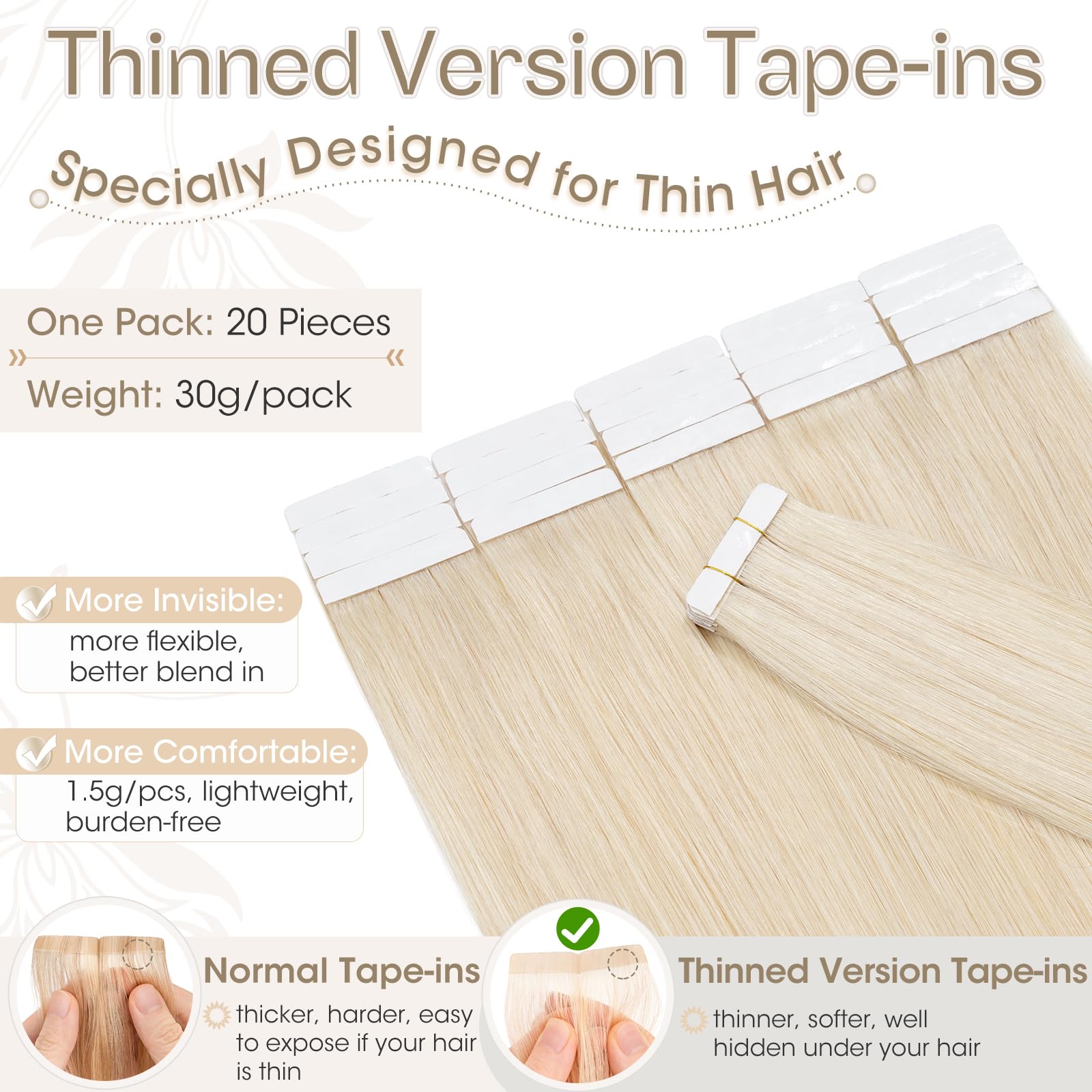 Elailite Tape in Hair Extensions Real Human Hair Blonde 20 Pcs Invisible Thin Type - Image 2