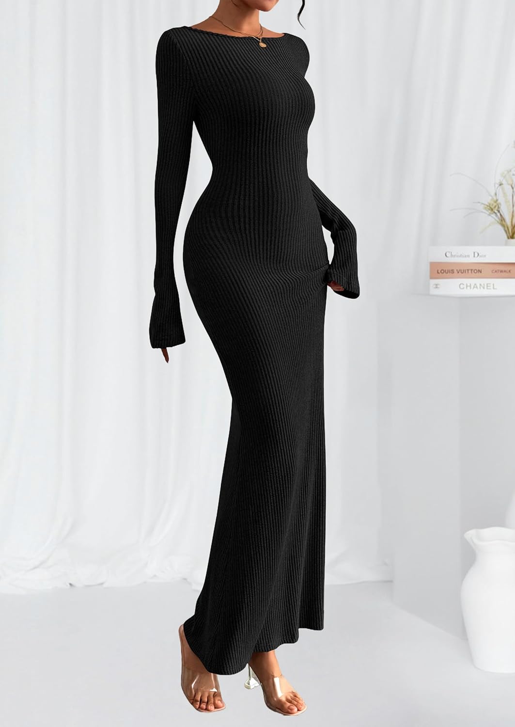 PRETTYGARDEN Women's Fall Fashion 2026 Long Sleeve Maxi Dress Ribbed Knit Boat Neck Bodycon Casual Dresses Going Out Outfits - Image 3