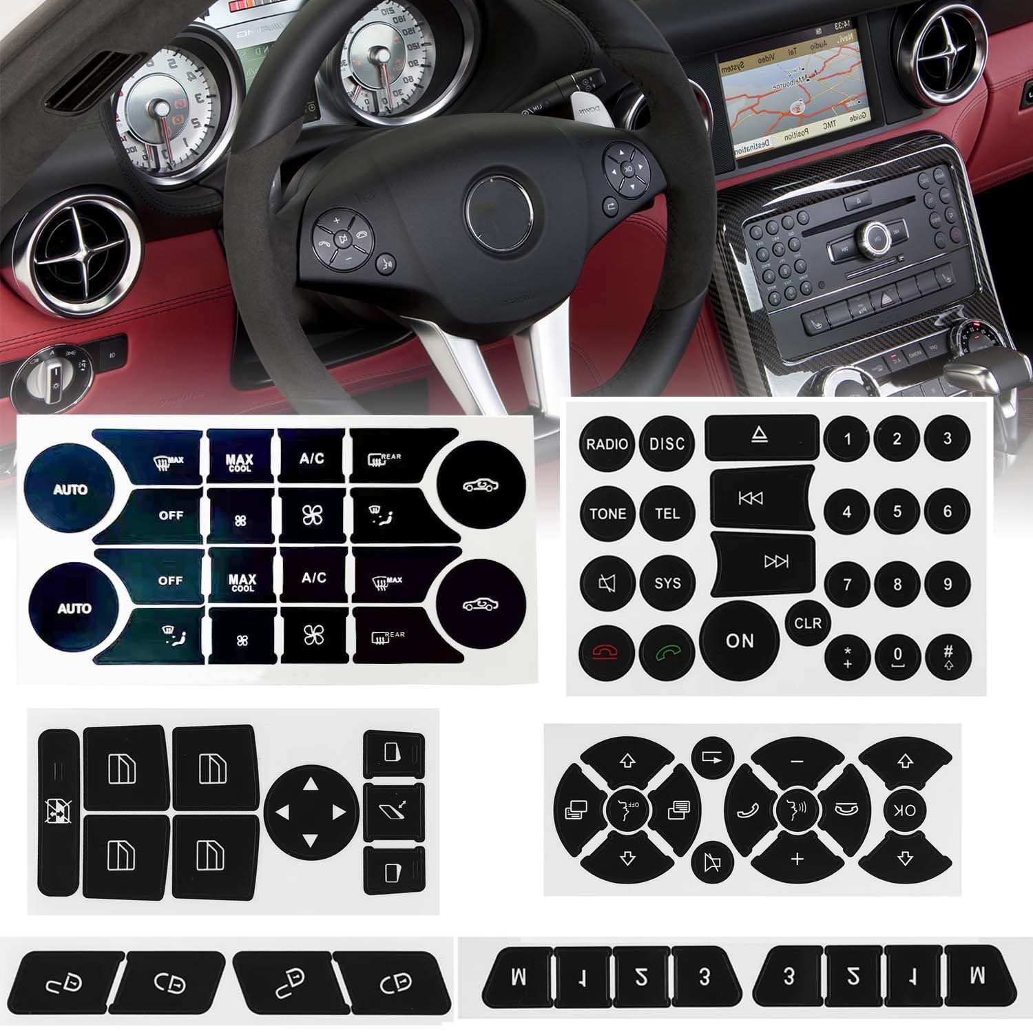 Car Interior Stickers Button Decals Fit for 2008-2014 Mercedes Benz W204 C250 C350 E-Class ML GL GLK Steering Wheel AC Air Conditioner Window Radio Number Door Repair Sticker