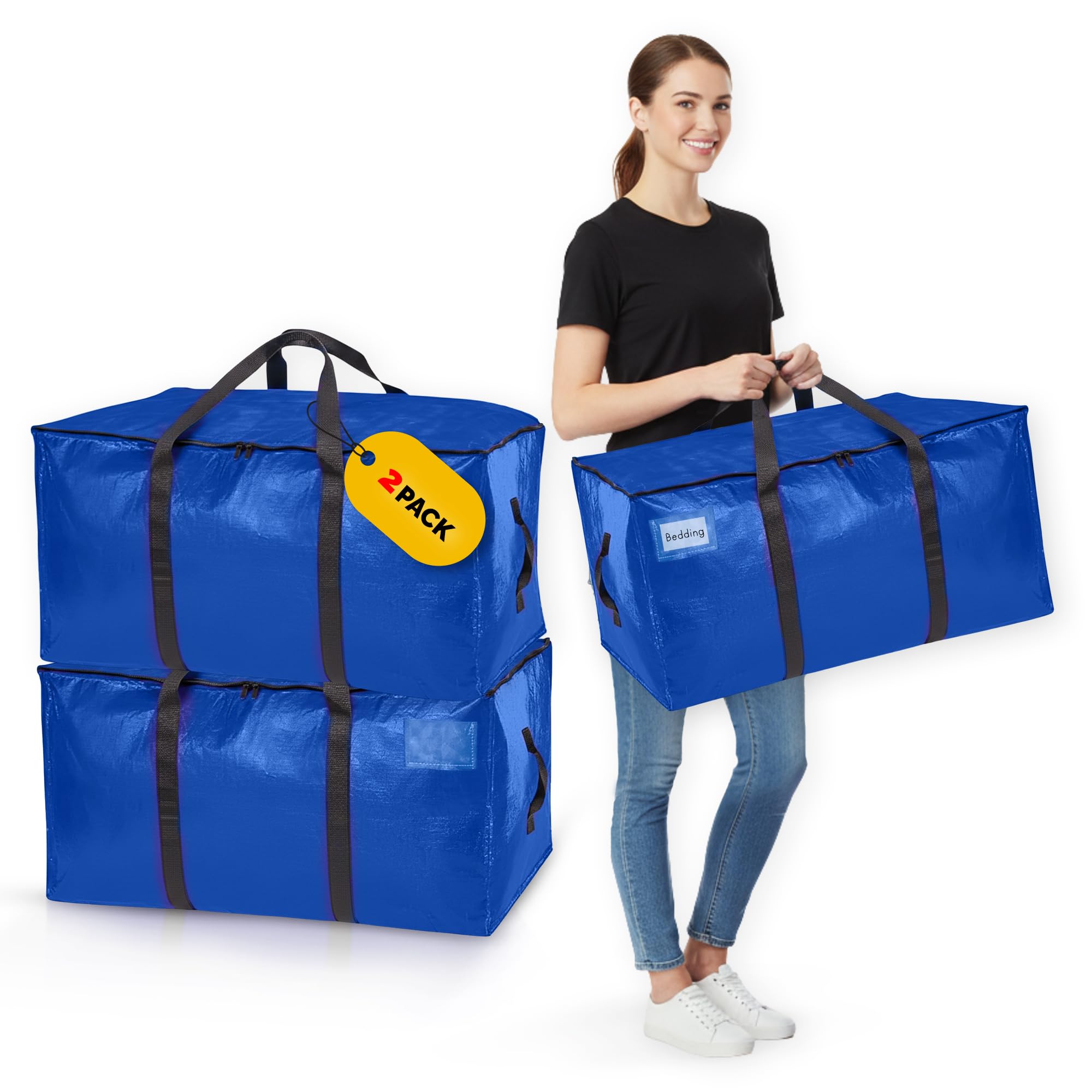 Homxters Blue Heavy Duty Extra Large Moving Bags For Clothes Pack Of 2 Plastic Storage Bags With Zips, Reinforced Handles & Backpack Straps - 90L Water Resistant Moving & Packing Totes For Clothes, Duvet