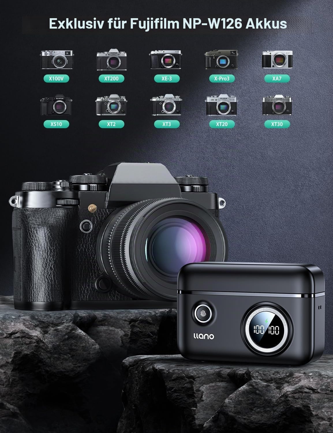 llano NP-W126 NP-W126S Akku Ladegerät Set mit 2er 1140mAh Akkus für Fujifilm X100VI X100V XM5 XT30III/II XT50 XE5 XT3/2/1 X-Pro3, Intelligente LCD-Anzeige, Magnetverschluss-Design, USB-C Eingang
