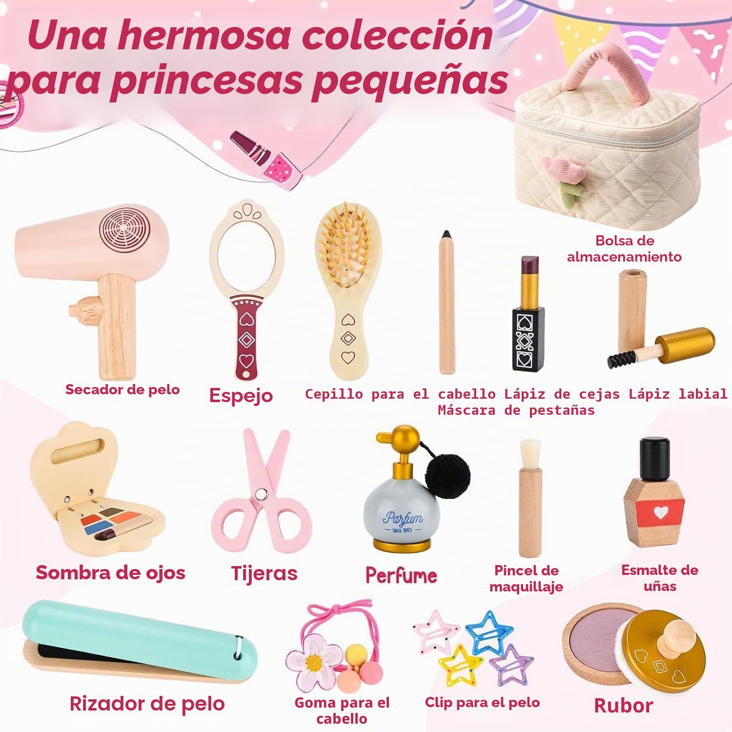 Set Maquillaje de Madera Niña,Set Maquillaje Niñas,Juguete con Neceser de Maquillaje,Conjunto de peluquería,Maquillaje Juguete de Madera,Juego de Roles,Regalo para niñas de 3 4 5 6 7 8Años