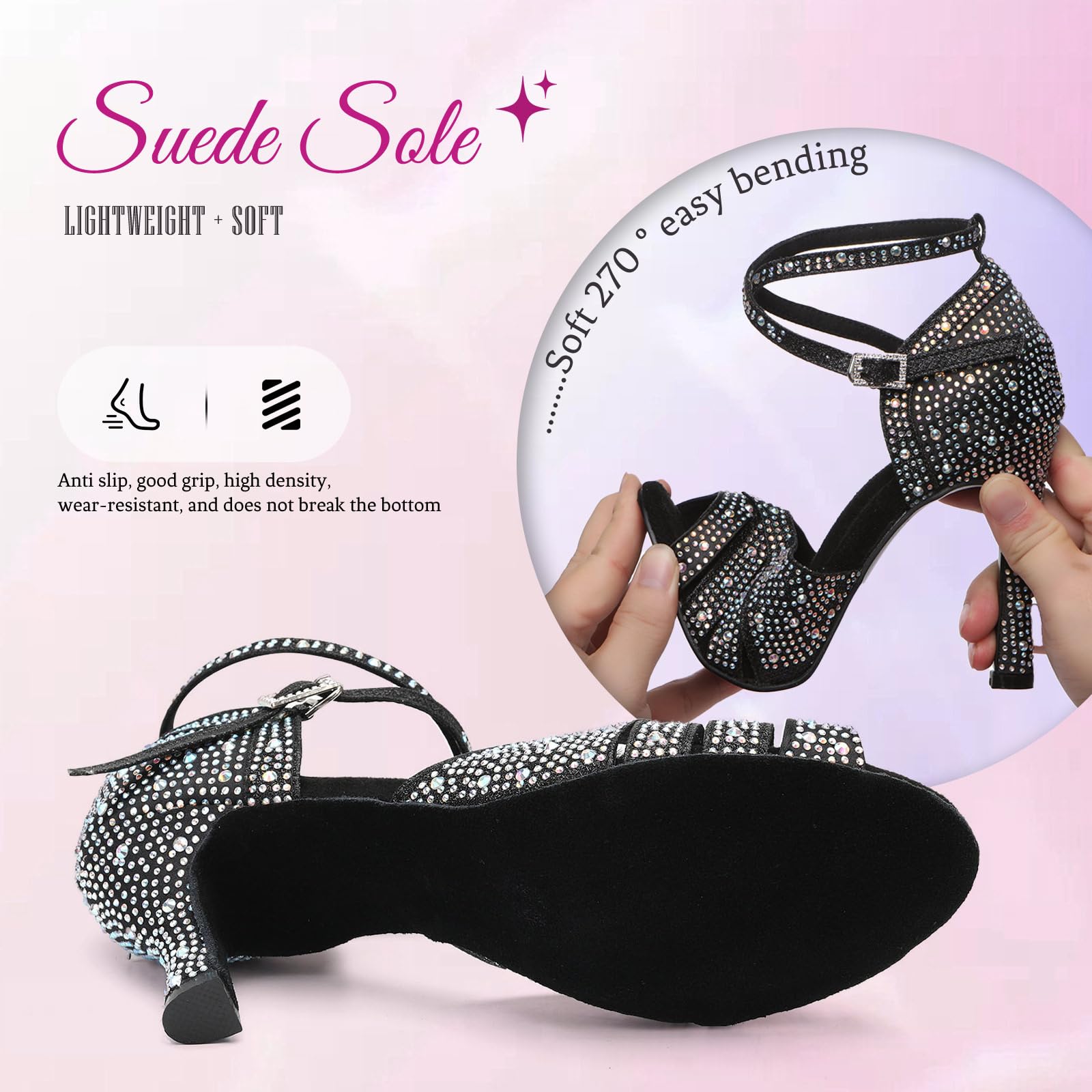 SWDZM Scarpe da Ballo Latino Donna Strass Salsa Bachata Prestazioni Professionale,Zwart,Hakhoogte 7cm,Suède zool,EU 39