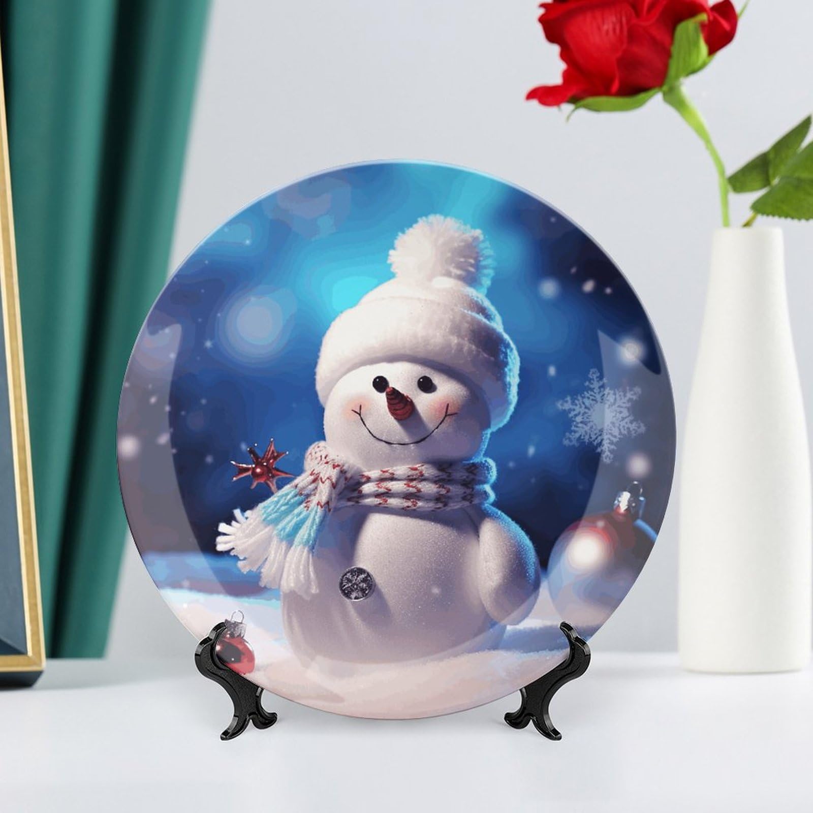 Plato de cerámica personalizado con diseño de muñeco de nieve navideño de 8 pulgadas, estilo bohemio, de porcelana china para decoración del hogar, con soporte y gancho, ideal para decorar la pared