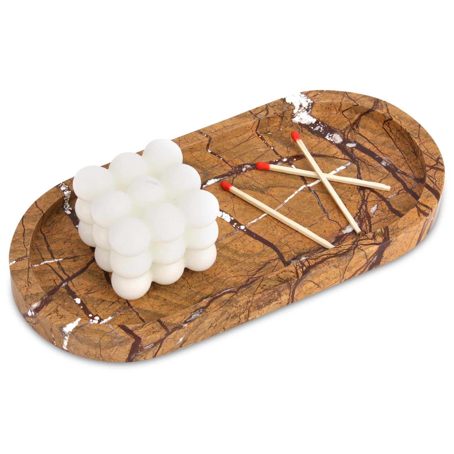Natural Marble Tray, Oval Luxury Bathroom Vanity Home Kitchen Bathroom Table Tray, Stone Decorative Countertop Serving Trays for Coffee Perfume Jewelry Makeup Key Rainforest Brown 25 x 12 cm