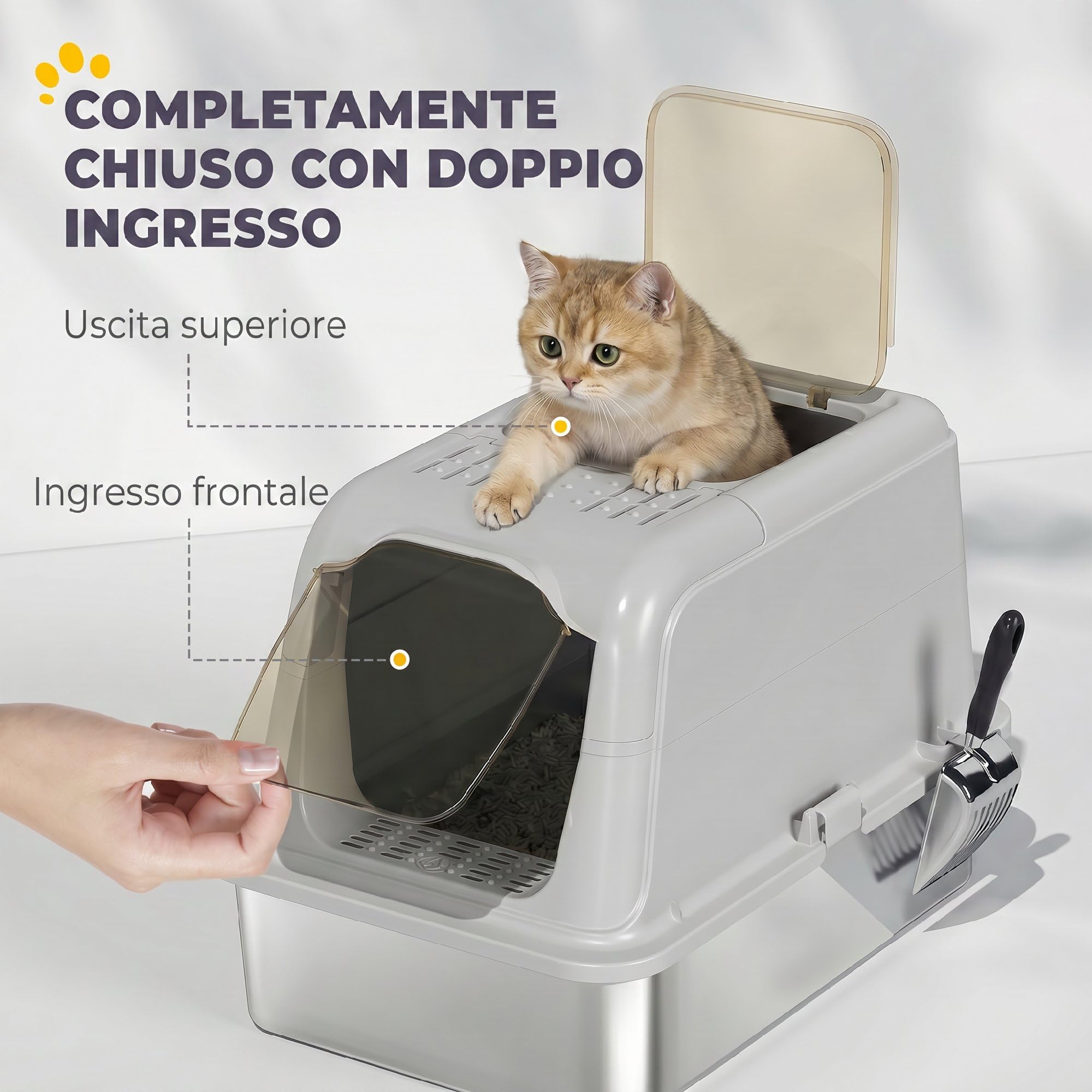 PawHut Lettiera Gatto Chiusa in Acciaio Inox con Coperchio, Toilette per Gatti Grandi, Entrata Frontale e Uscita Superiore, Paletta, Sacchetto Deodorante, Facile da Pulire, Grigio Chiaro