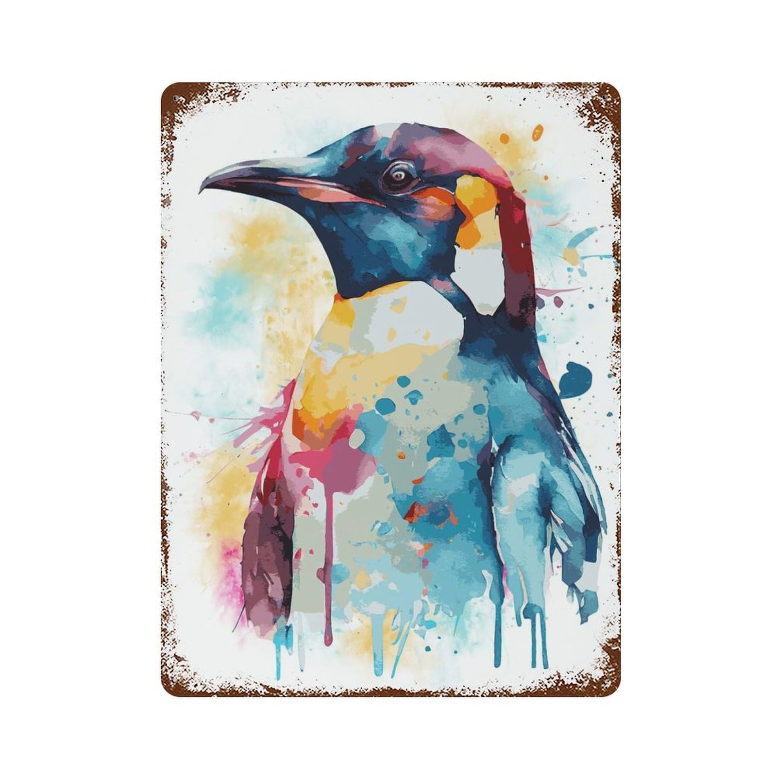 Rust Effect Watercolor Penguin Art Weathered Tin Sign 15.7"x11.8", Shabby Chic Decor for Cafe, Home Bar And Lounge Decor