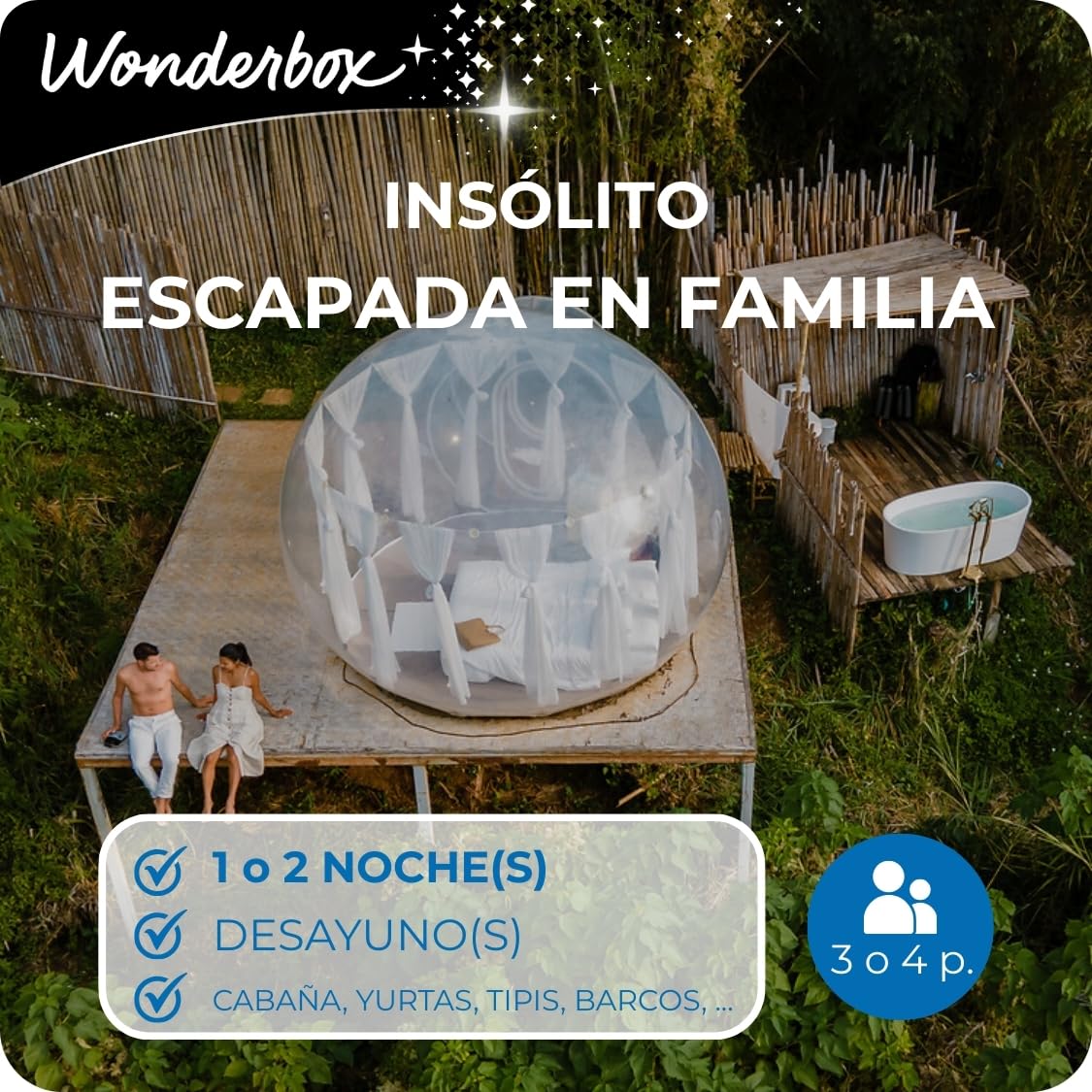 WONDERBOX - Caja Regalo - Insólito - Escapada en Familia - para 3 o 4 | 1 o 2 noches con o sin desayuno(s) - Más de 110 estancias - Casas cuevas, cabañas, pods, yurtas, tipis, barcos
