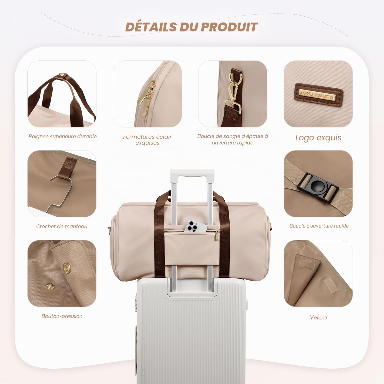 Sac à Costumes 2 en 1, Sac de Voyage Pliable Cabine 48L Imperméable, Taille Idéale pour Avion, Multifonctionnel avec Rangement Sec/Humide pour Hommes et Femmes, pour Affaires et Loisirs,Amande