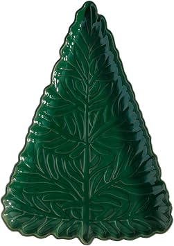 Santa Barbara Design Studio Tree Shaped Serving Plate - Stamped Ceramic Platter, 11" x 7.75", Pine Green