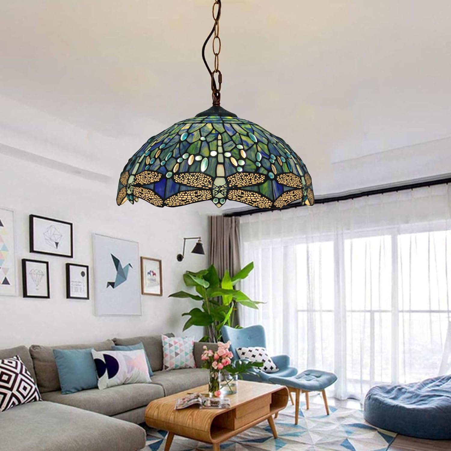 16 Inch Tiffany Style Stained Glass Lamp Shade Replacement Vintage Dragonfly Lampshades Only with Cap Fit for Bedside Reading Lamp Study Light Kitchen Lamp Dining Room Lamp Floor Lamp,Blue