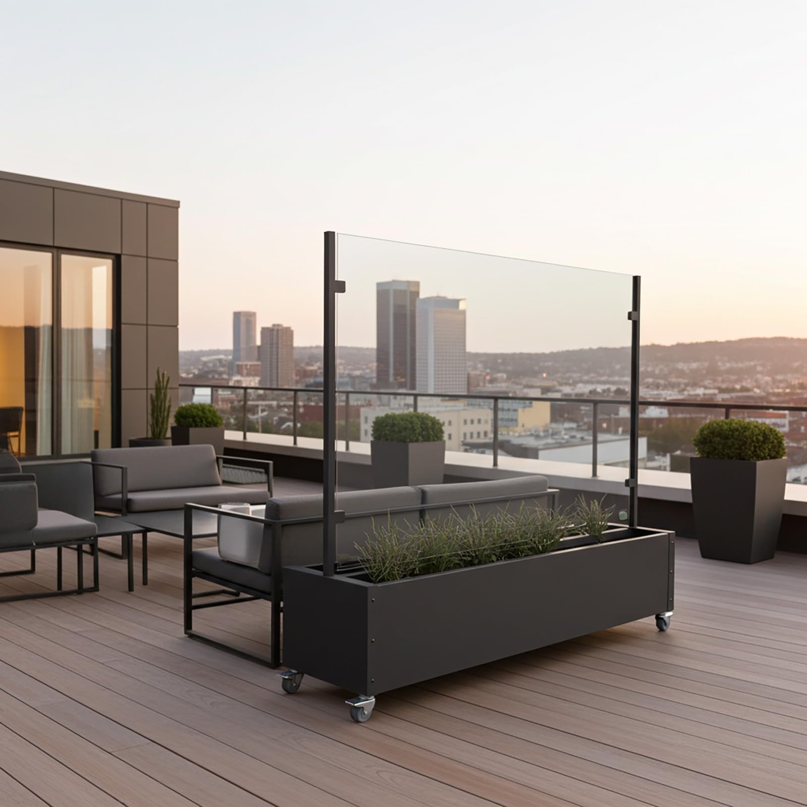 Windschutz mit Pflanzkasten 196cm mobil mit 4 Rollen – Glas Sichtschutz Terrasse Balkon Garten – Aluminium anthrazit – Rollen mit Feststeller – wetterfest & UV-beständig – moderner Raumteiler Outdoor