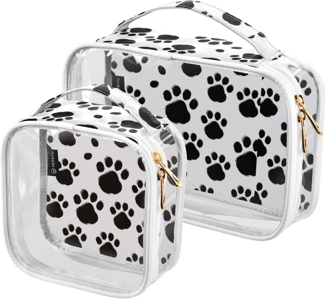 2 Pack Clear Makeup Bag, Black Paws Print Car Pouches for Organization Waterproof Travel Toiletry Bags Cosmetic Case for Women