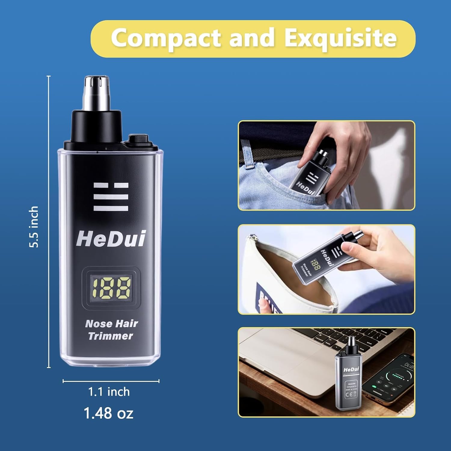 20 Pack Nose Hair Trimmer for Men and Women USB Rechargeable with Digital Display Nose and Ear Trimmer for Men Dual Edge Rotating Blades Easy Clean Detachable Head Compact and Travel Friendly