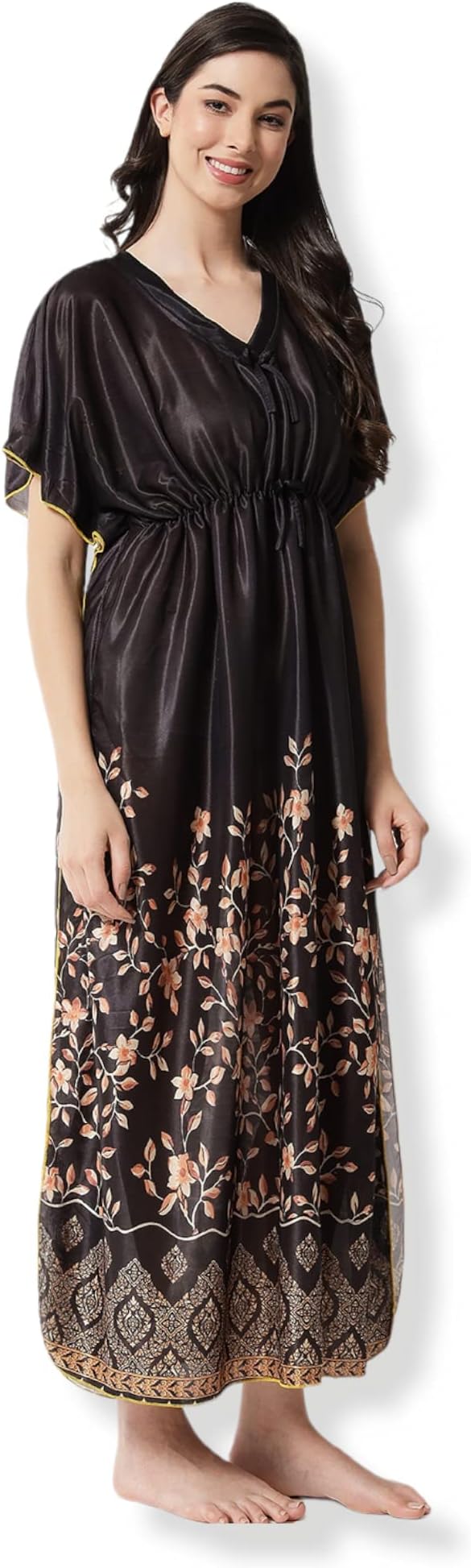 G4Girl Women's Silk Geometric Print Maxi Nighty (night gown_White_Free Size)