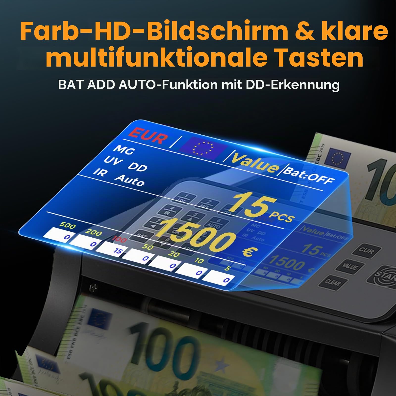 Bonvoisin Einfacher Geldzählmaschine, zählt sortierte Nennwerte | 1000 Stück/Min., UV/IR/MG-Fälschungserkennung, Batch-, ADD-Funktionen, Zusätzliches Display (Mischbeträge nicht Zählbar)