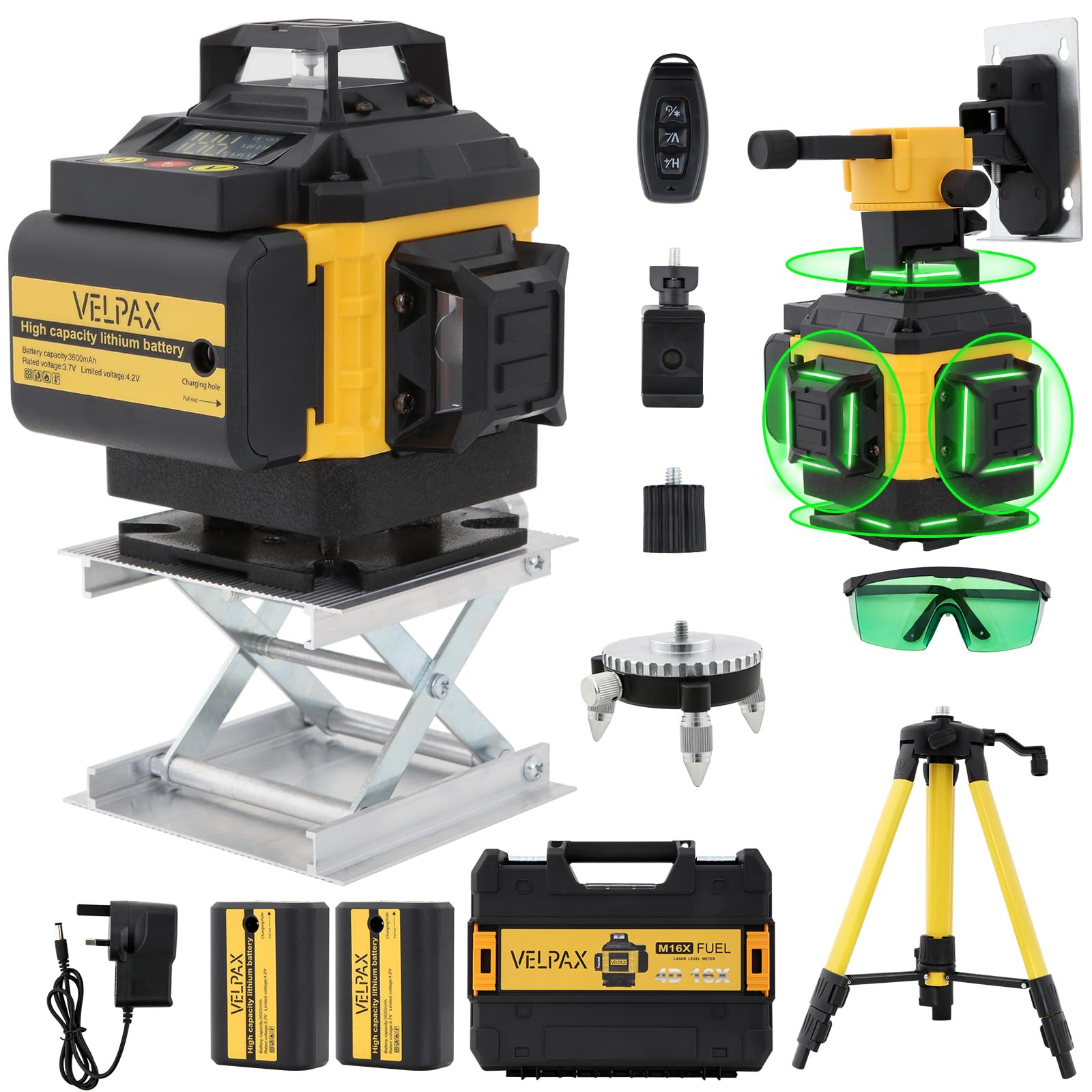 Laser a linee incrociate 16 linee, laser multifunzionale 4D con treppiede, 2 batterie da 2400 mAh, livella laser 4 x 360°, per interni e cantieri edili