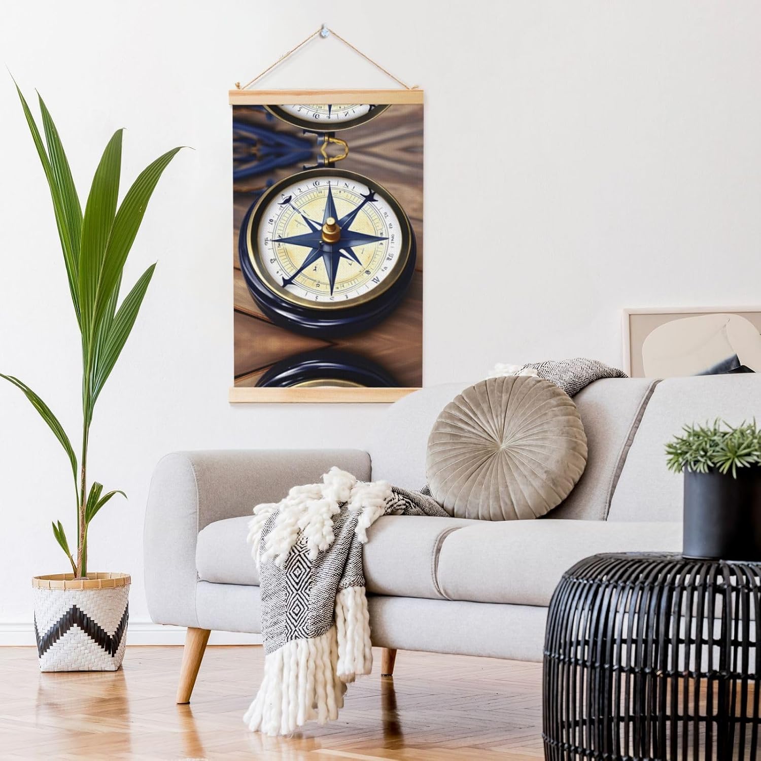 Sail Boat Nautical Compass Print Poster Hanger,Hanging Poster, Poster Frame,Wood Poster Hanger, For Wall Hanging