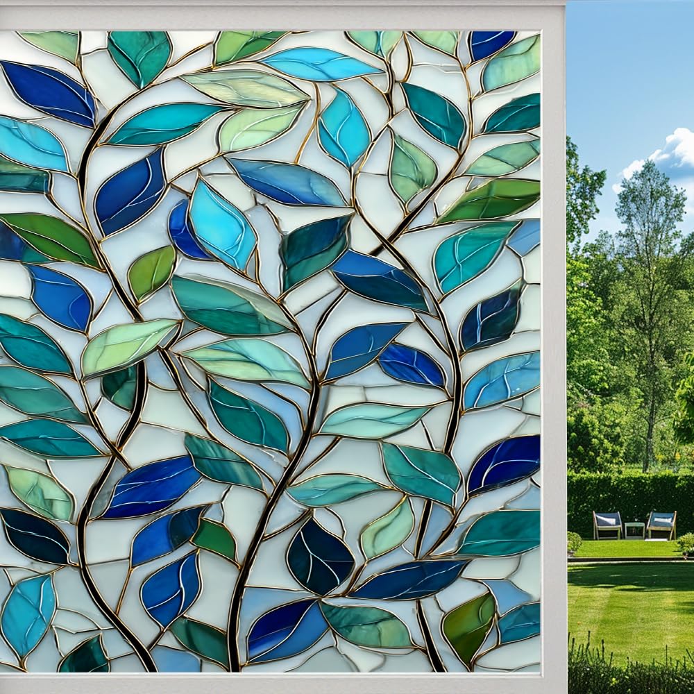 Pmlbaous Natural Plants Privacy Window Film, Abstract Leaves Branches Frosted Self-Adhesive Vinyl Cling For Glass Doors Bathroom Windows Sun Blocking Heat Control, （55X100cm）