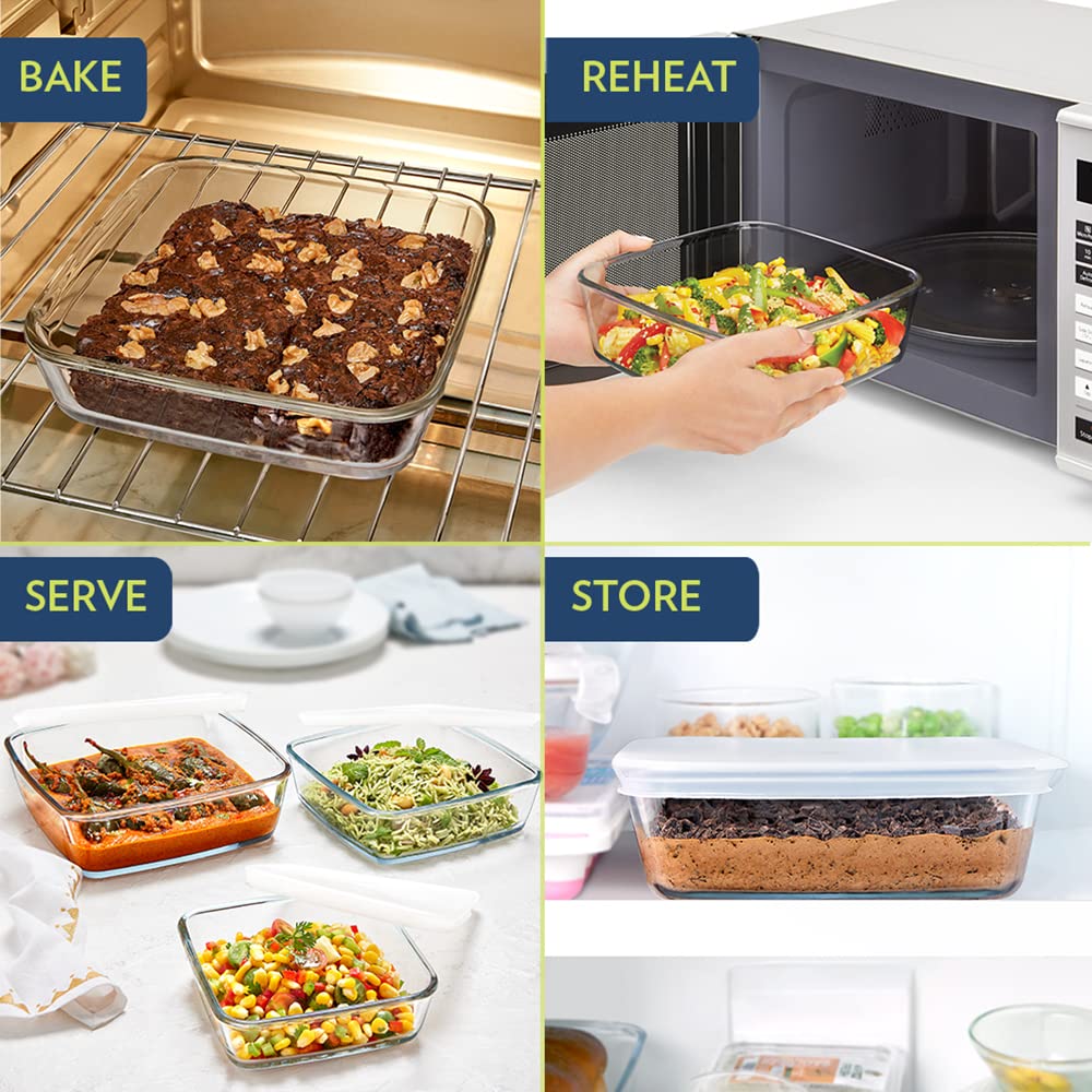 Borosil Microwave Safe & Oven Safe Square Glass Baking Dish with Lid (Transparent, 500 ml + 800 ml + 1.6 L) - Set of 3 — Amazon image 6