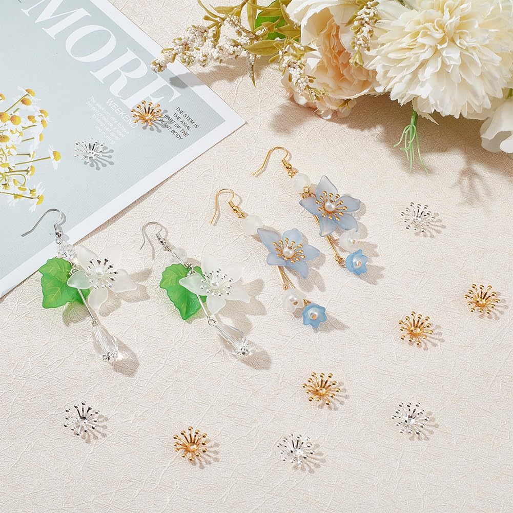 SUNNYCLUE 1 Box 200Pcs Bead End Caps Flower Stamen Filigree 3D Golden Silver Brass Flower End Cap Metal Multi-Petal Spacer Beads for Jewelry Making DIY Earrings Necklace Supplies