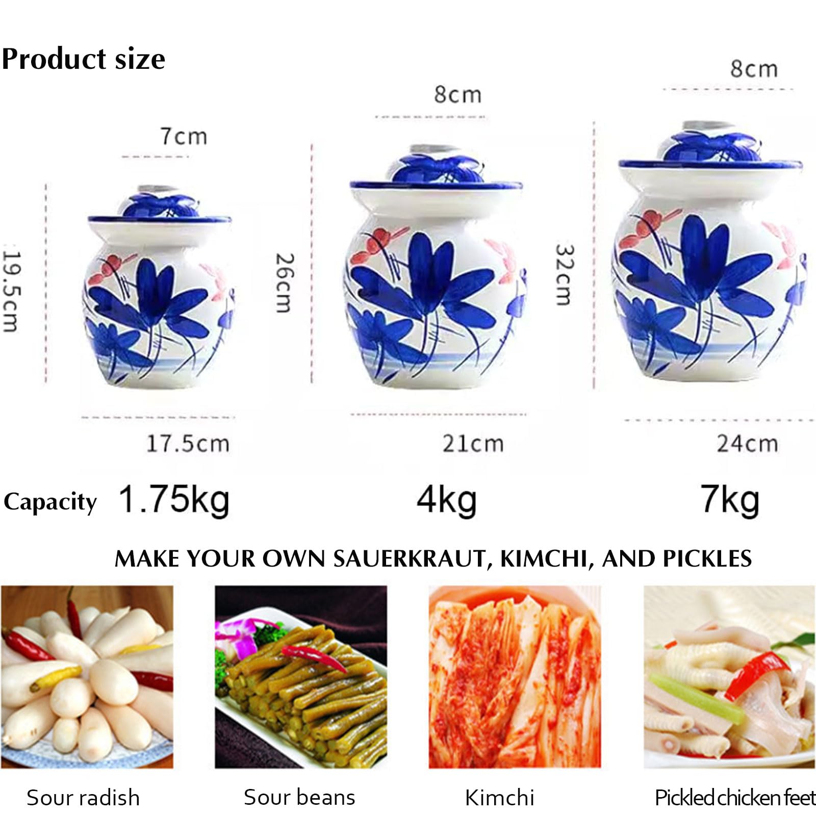 Jar marynowany Duży tradycyjny chiński słoik fermentacyjny z pokrywką z foki, Jingdezhen Ceramic Fermentation Crock for Pickling, Kimchi, Sauerkraut,7kg