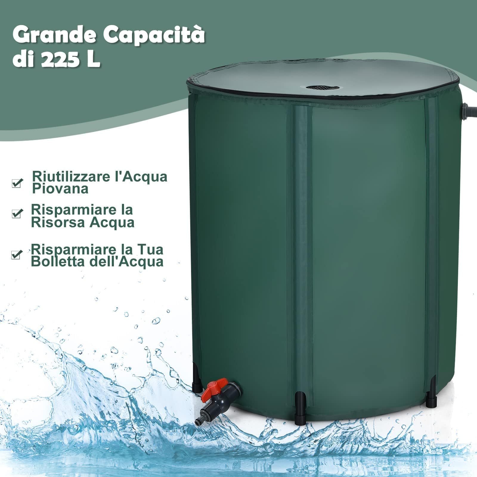 GYMAX Serbatoio Pieghevole, 225L Serbatoio Portatile per Acqua Piovana, Contenitore Acqua da Giardino, con Rubinetto e Valvola a Rete, 60 x 60 x80 cm, Verde Scuro