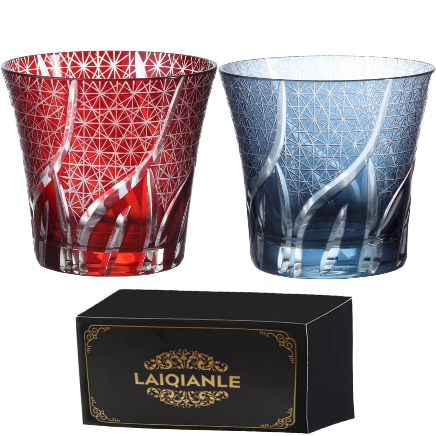 MGOXO Kiriko Cut Glass, 2 Pieces, 8.2 fl oz (260 ml), Glass, Tumbler, Rock Glass, Beer Glass, Sake Cup, Whiskey, Chrysanthemum Chain Pattern, Dishwasher Safe, Artisan Handmade, In Paulownia Box