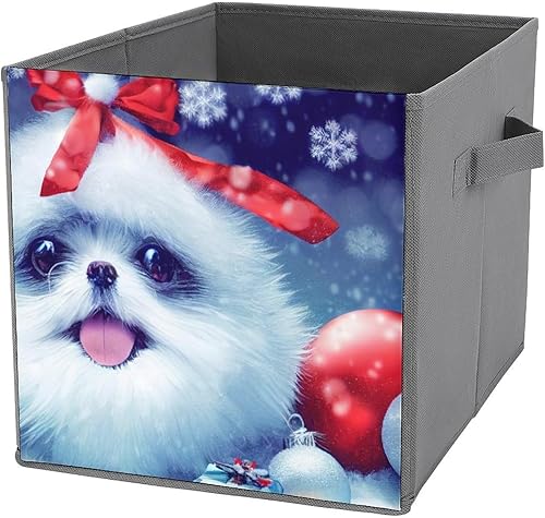 MEIKKO Christmas Dog Santa Hat Collapsible Fabric Storage Cubes Organizer with Handles,Winter Ball Snowflake Closet Organizers for
