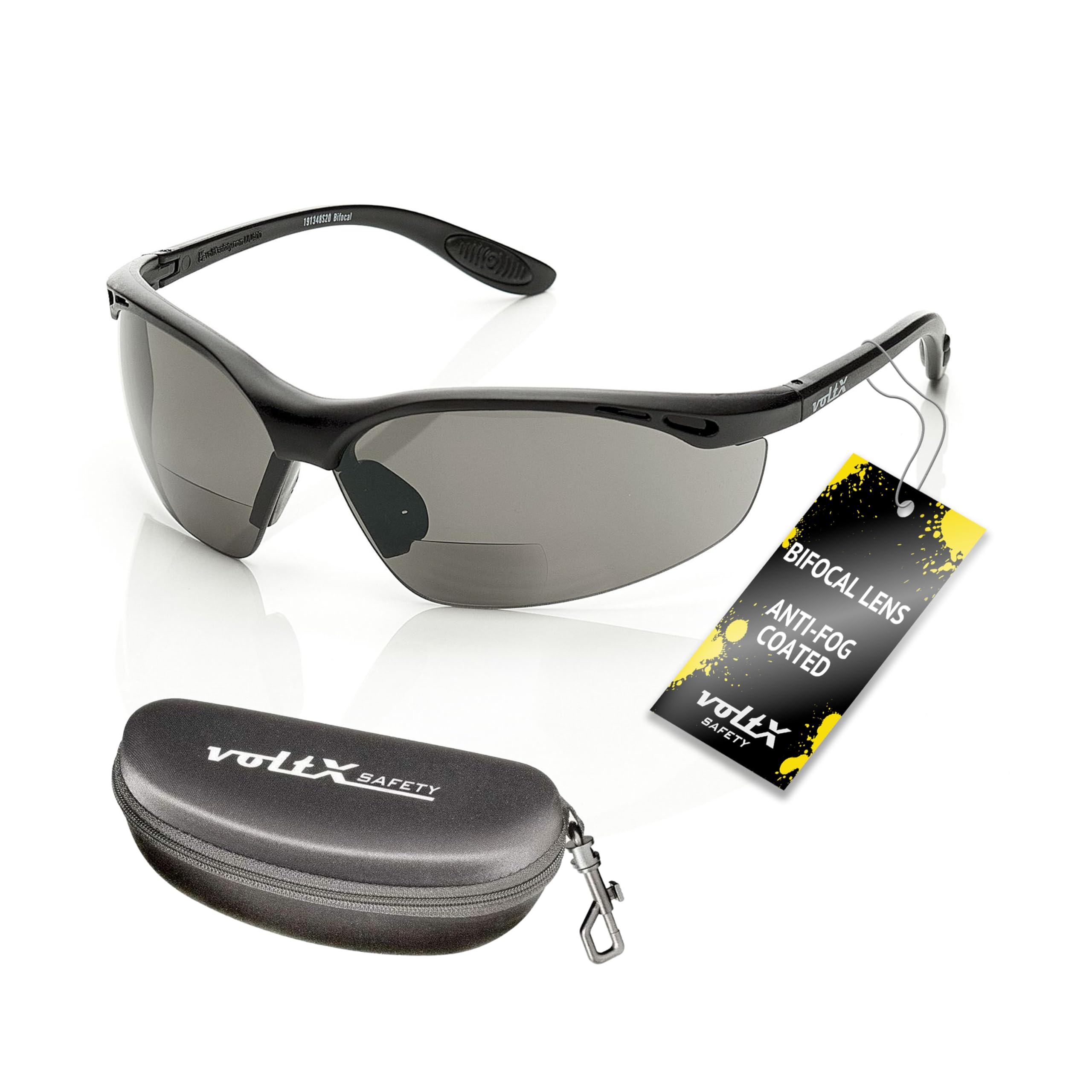voltX 'CONSTRUCTOR' (AHUMADO/GRIS dioptría +1.0) Gafas de Seguridad de Lectura BIFOCALES que cumplen con la certificación CE EN166F - cuerda de seguridad + estuche de seguridad rígido con bisagras