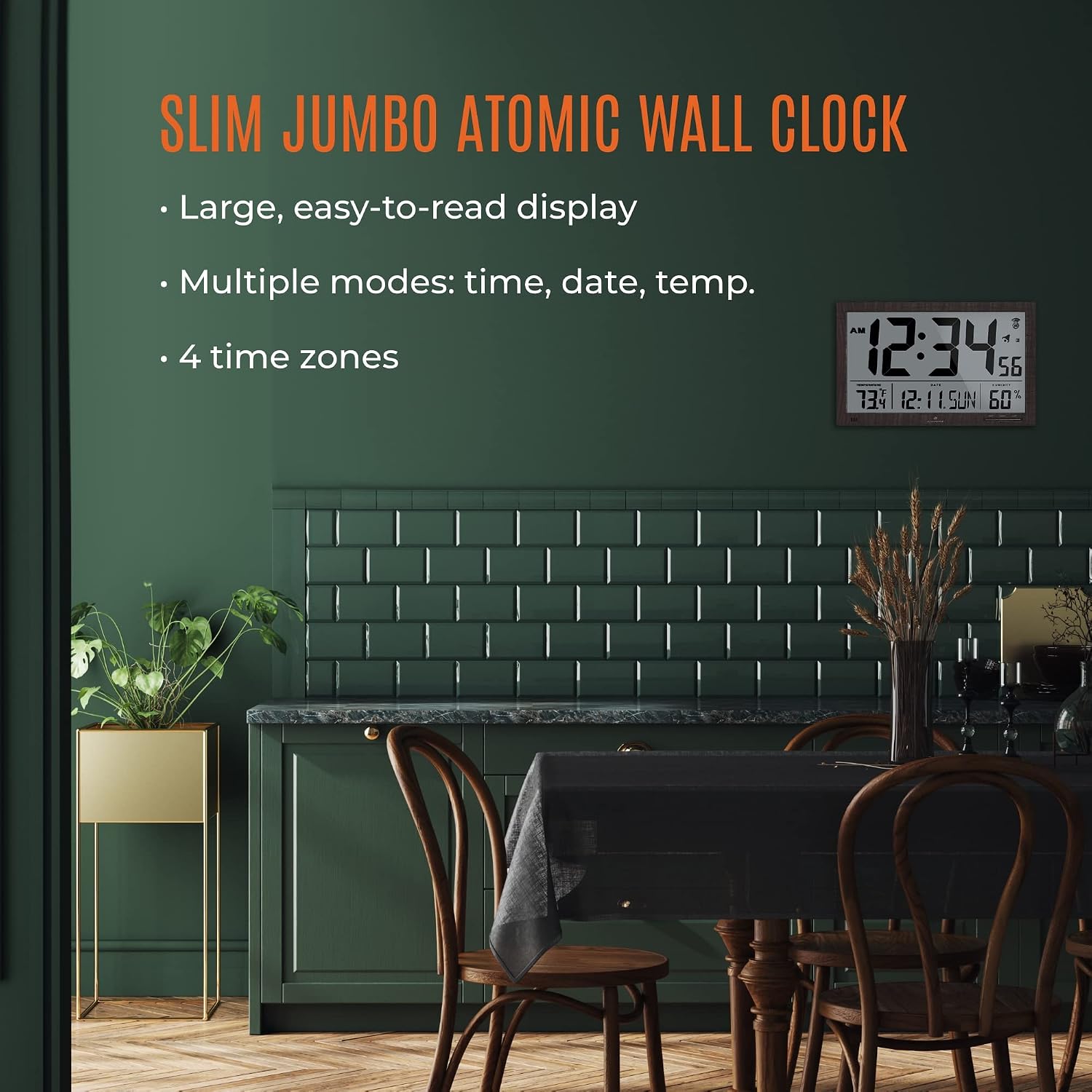 MARATHON Slim Jumbo Atomic Wall Clock, Walnut Finish - Large, 15-Inch Display - Alarm, AM/PM or 24-Hour Time, Eight Time Zones, Indoor Temperature & Humidity - Four AA Batteries Included