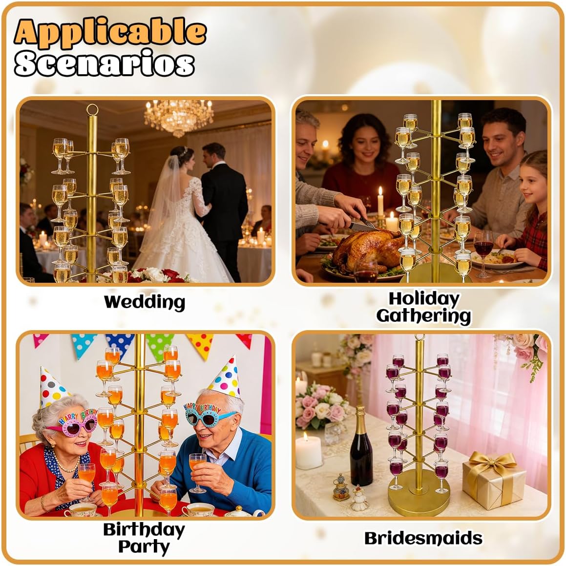 2Pcs Cocktail Tree Stand Metal 4 Tier 16 Holders Champagne Flute Holder Gold Cocktail Tree Stand for Drinks Martini Tree Stand for Weddings, Parties, Events, Birthday Celebrations, Bars Pubs