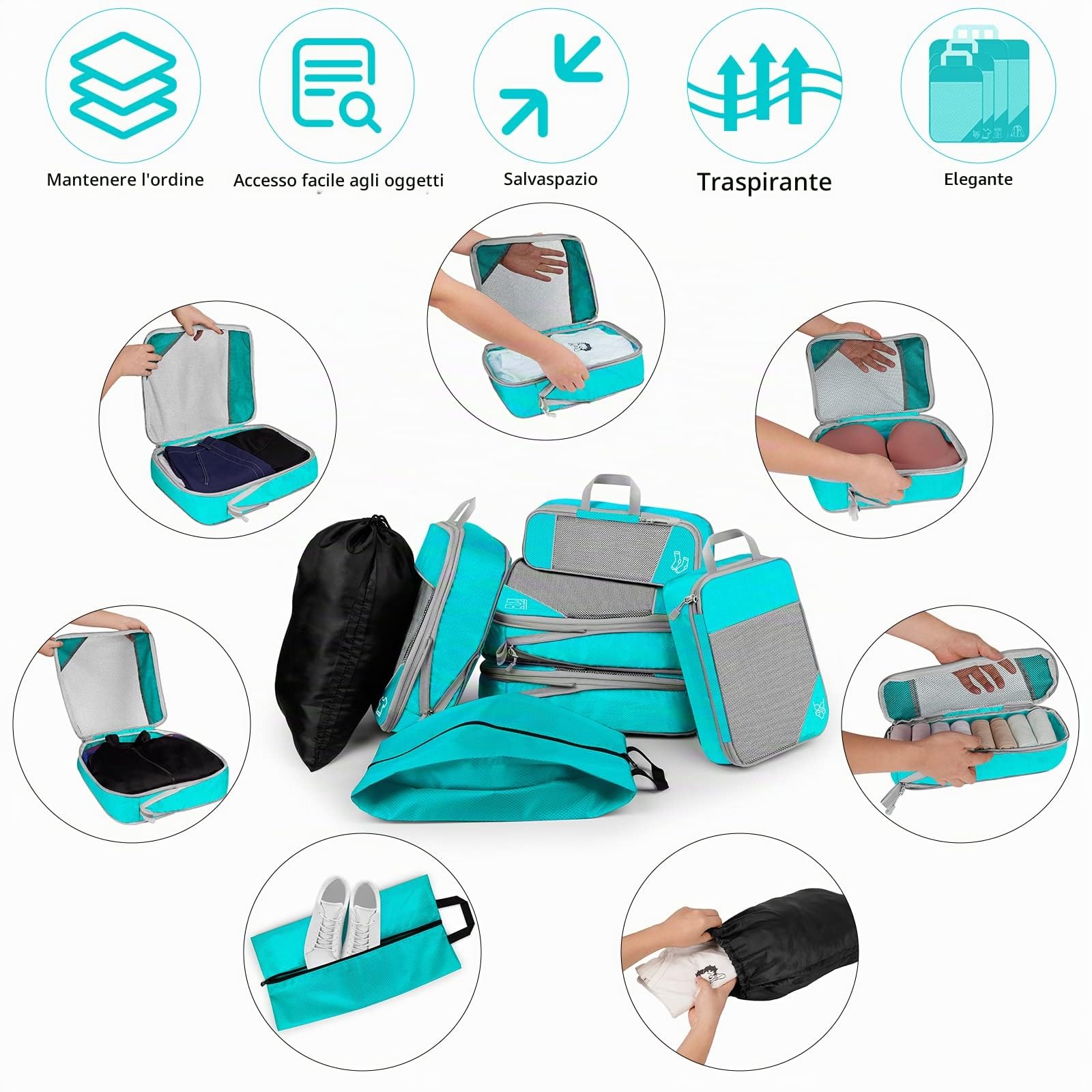 Set di 7 Organizer Valigia, Organizzatori da Viaggio a Compressione, Packing Cube per Vestiti, Scarpe, Biancheria Intima, Ultraleggero, Espandibile, Cielo Blu