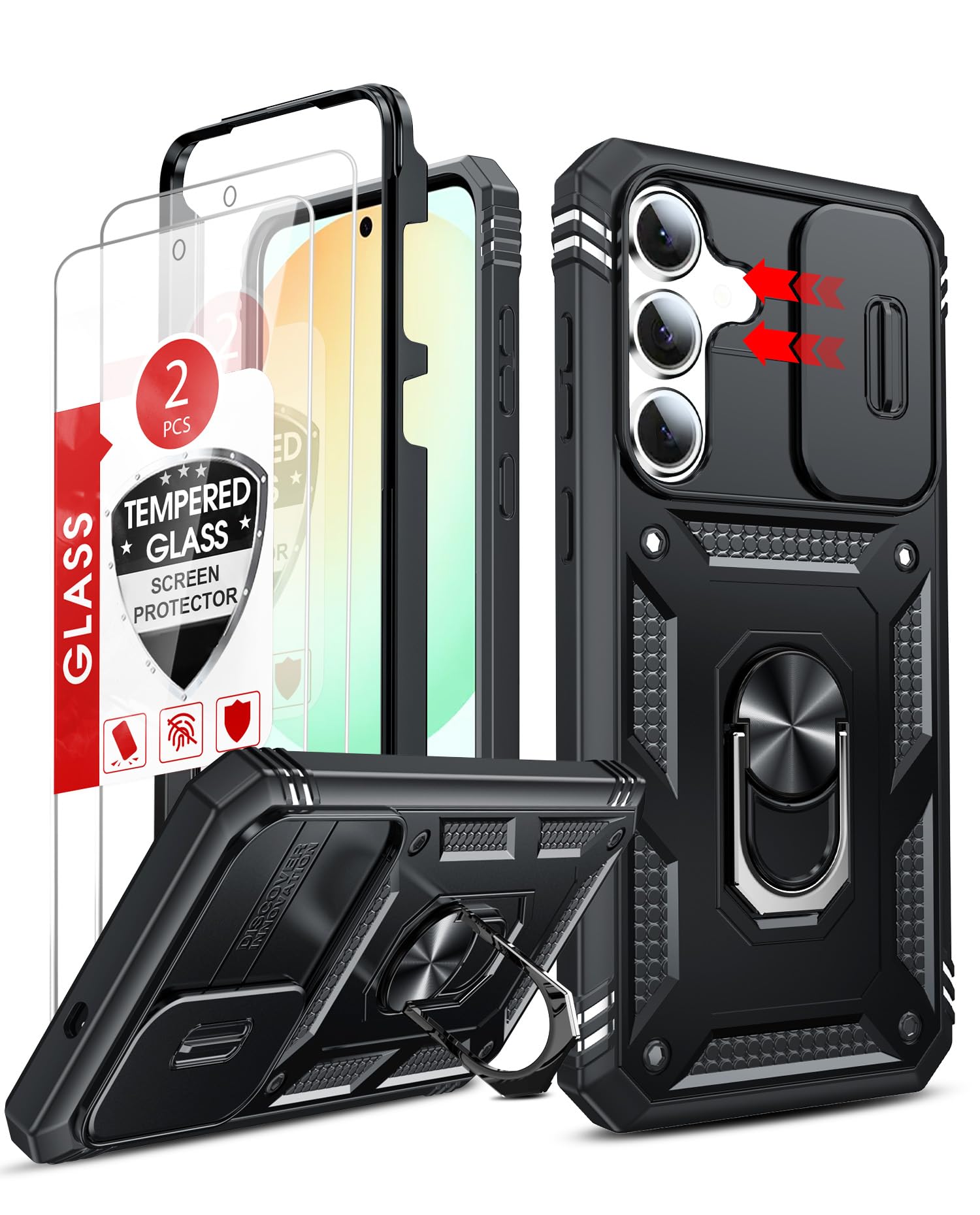 LeYi for Samsung S25-FE Case:[𝐍𝐎𝐓 𝐅𝐈𝐓 𝐒𝟐𝟓] Slide Camera Cover, 2×Tempered Glass Screen Protector, Magnetic Ring Kickstand Protective Cell Phone Case/Cover for Samsung Galaxy S25 FE, Black