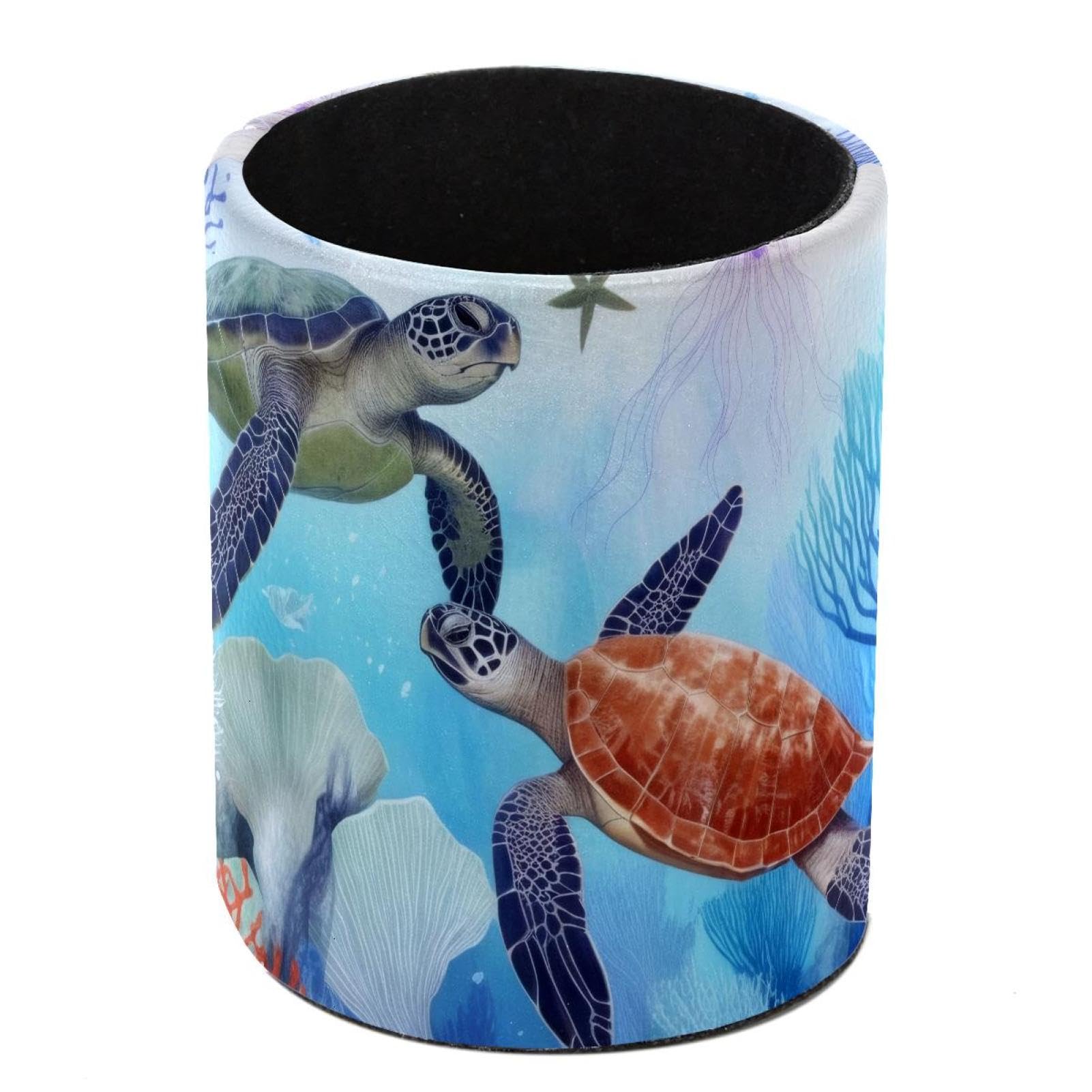 HEOEH Sea Turtle Coral Pen Holder for Desk, PU Leather Pencil Holder Pen Cup Marker Holder Makeup Brush Holders, Desk Accessories & Workspace Organizers for Home, Office